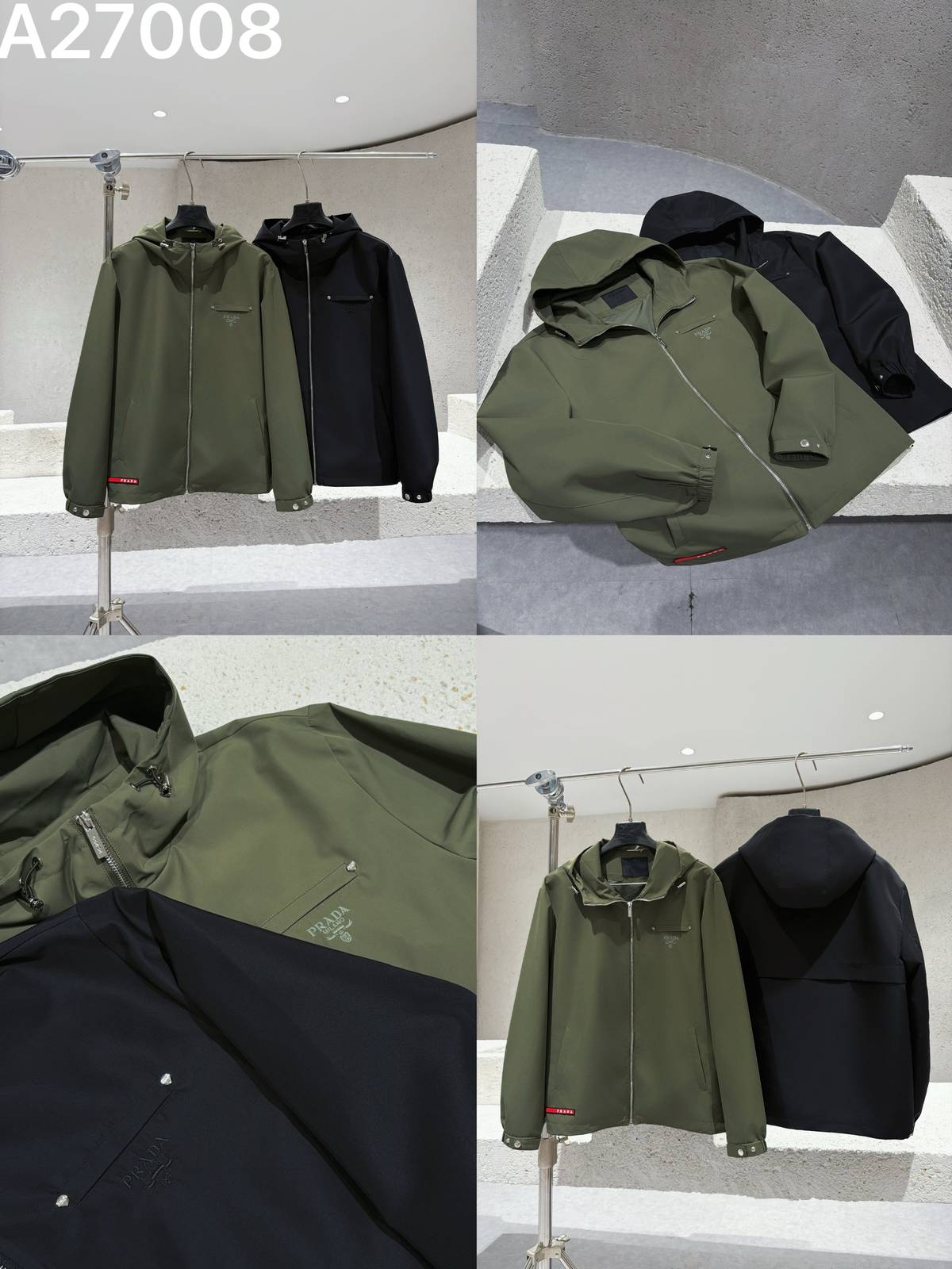 PRADA プラダ メンズ ブルゾン フーデッドジャケット ナイロン ロゴワッペン ダブルジップ 秋冬 防寒 グリーン ブラック M 4X L - 画像 3