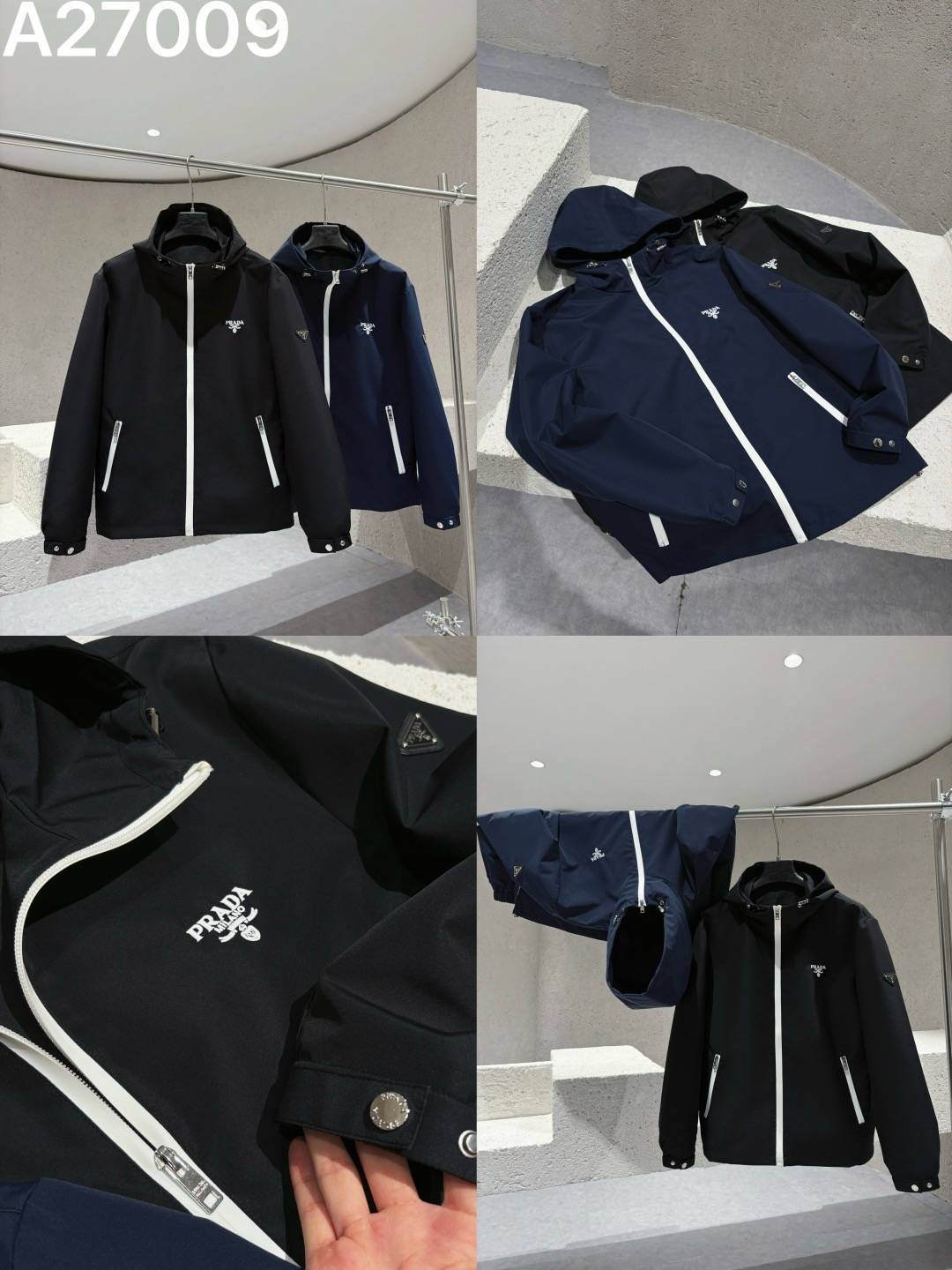 PRADA プラダ メンズ ブルゾン フーデッドジャケット ナイロン ロゴワッペン ダブルジップ マウンテンパーカー ブラック ネイビー - 画像 2