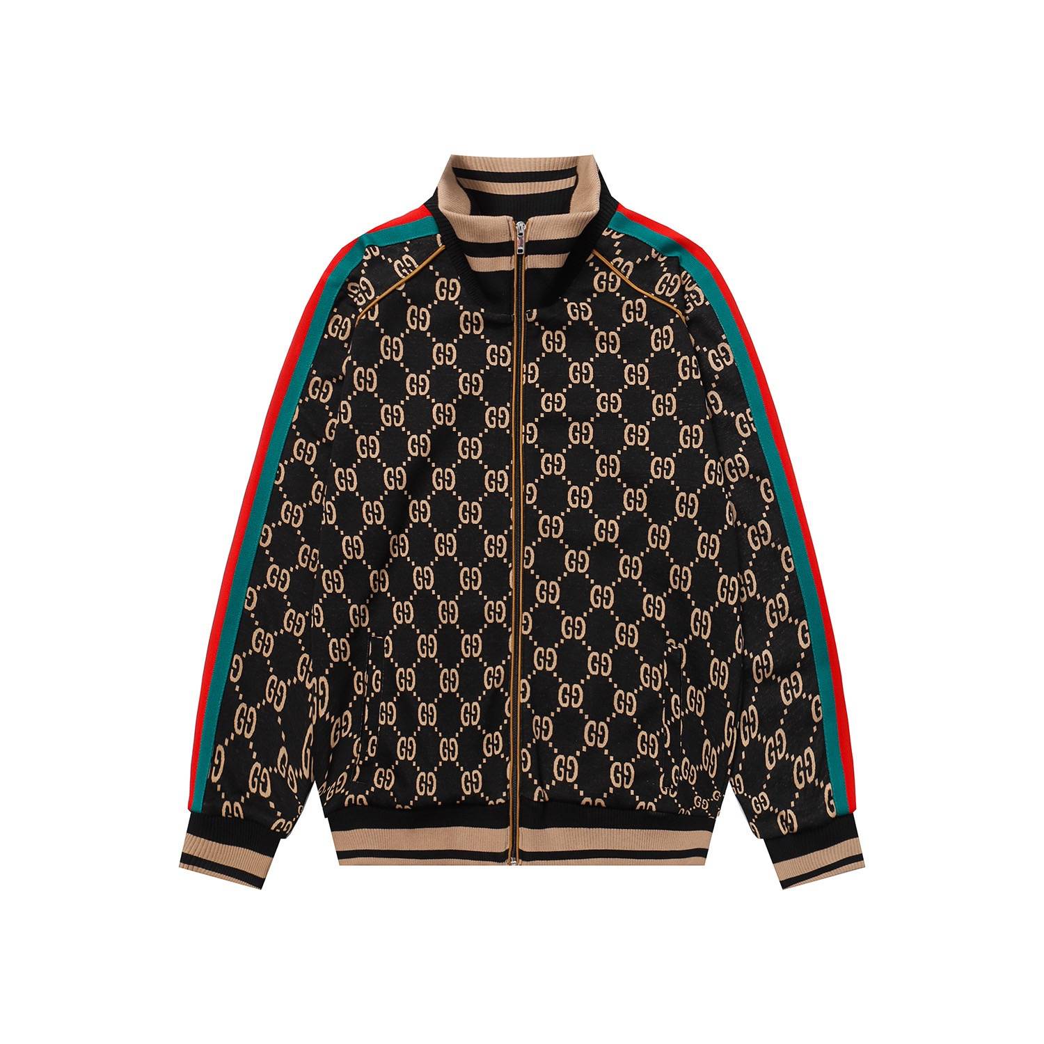 GUCCI グッチ メンズ ジャケット ブルゾン ダブルジップ ロゴプリント ナイロン レインボーストライプ 秋冬 通勤通学 ブラック