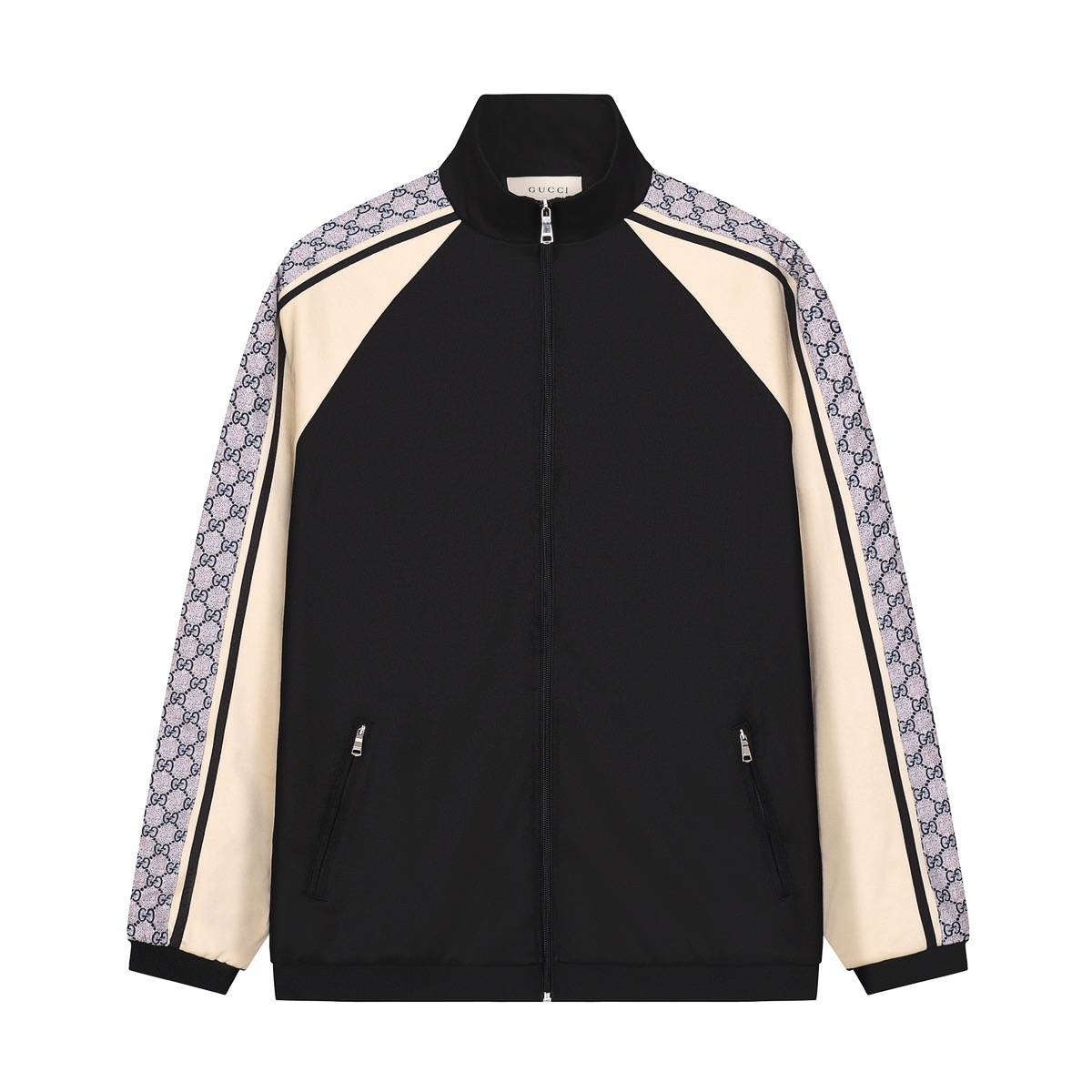 GUCCI グッチ メンズ ジャケット ブルゾン ロゴプリント ナイロン ダブルジップ ミリタリー ブラック