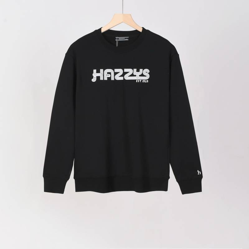 HAZZYS メンズ スウェット トレーナー クルーネックスウェット ロゴプリント フロントロゴ リブ仕様 ブラック