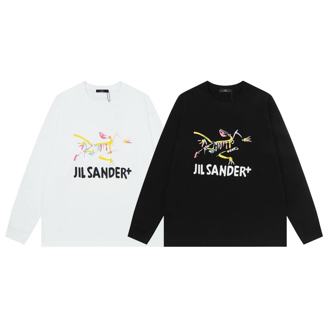 JIL SANDER メンズ スウェット トレーナー クルーネック ロゴプリント ロングスリーブ ヘビーウェイト ホワイト ブラック