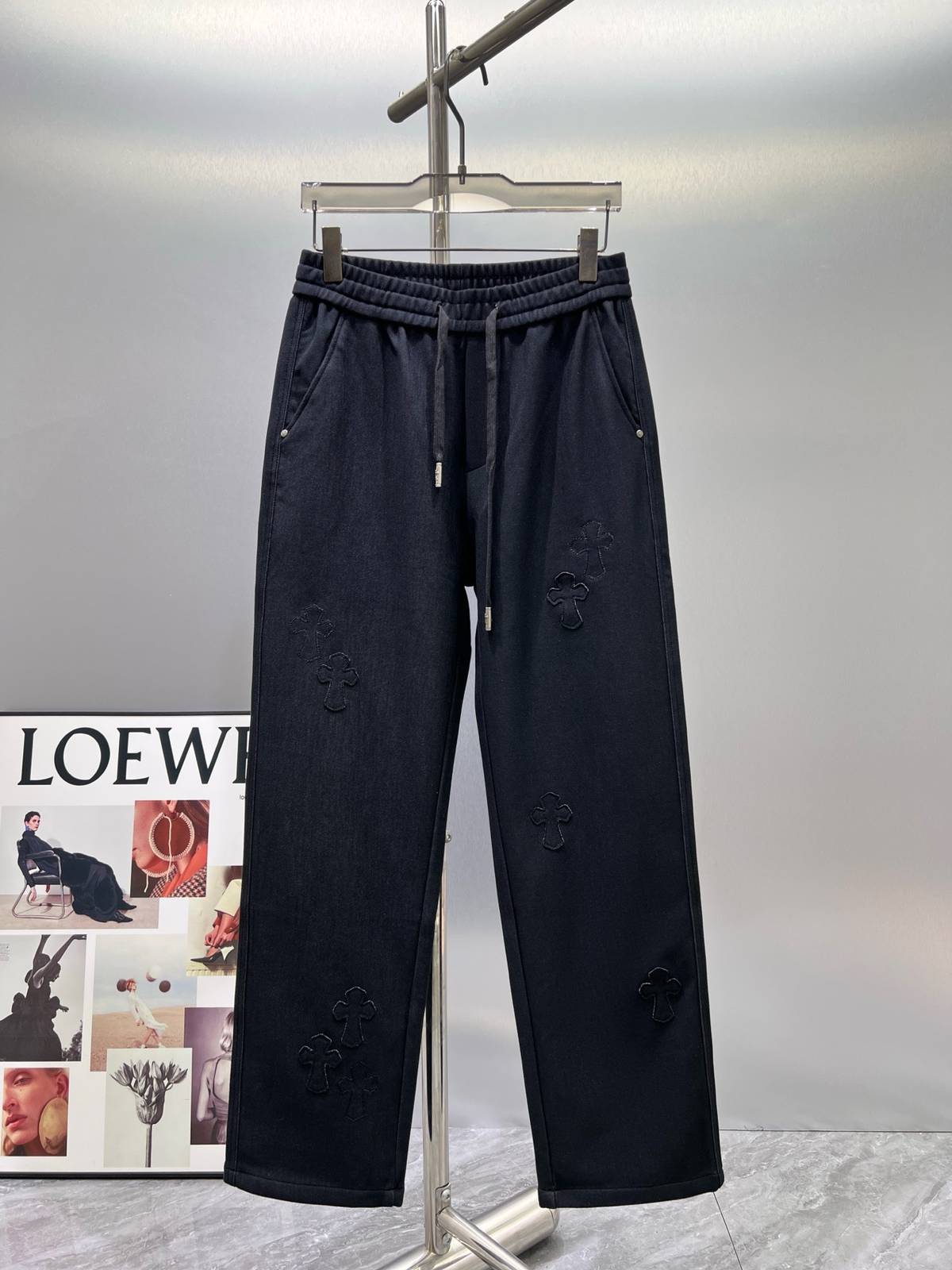 CHROME HEARTS クロムハーツ メンズ パンツ ワイドパンツ ウエストゴム ドローコード ロゴ刺繍 サイドライン ブラック