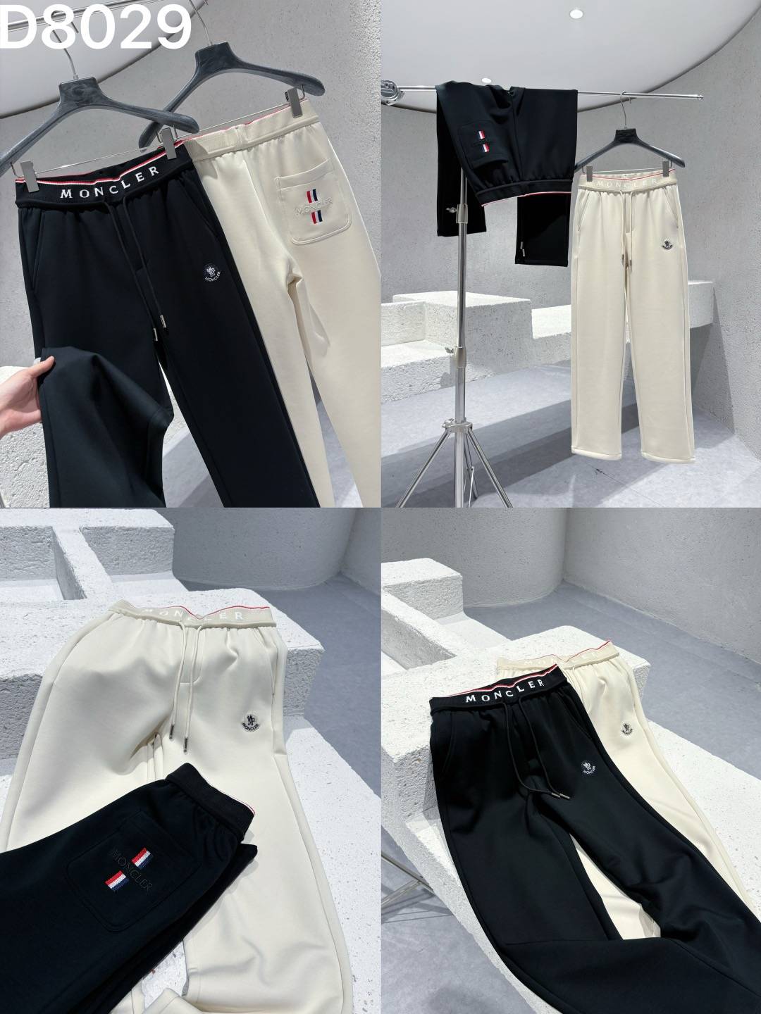 MONCLER メンズ パンツ イージーパンツ ウエストゴム ロゴプリント サイドライン メタルパーツ ブラック - 画像 2