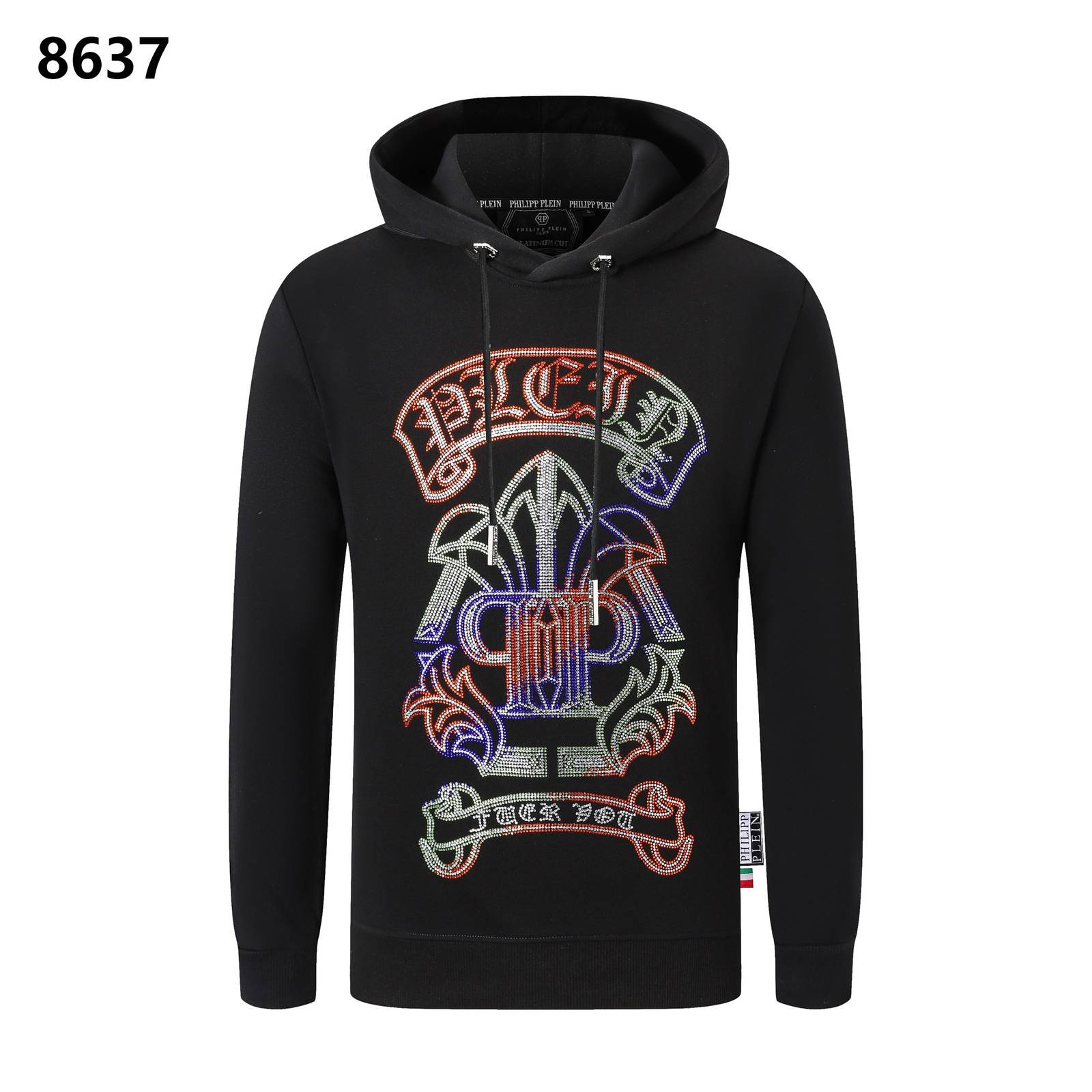 PHILIPP PLEIN フィリッププリーン メンズ パーカー プルオーバー ロゴプリント フロントロゴ フードの立ち上がり 立体フード ブラック
