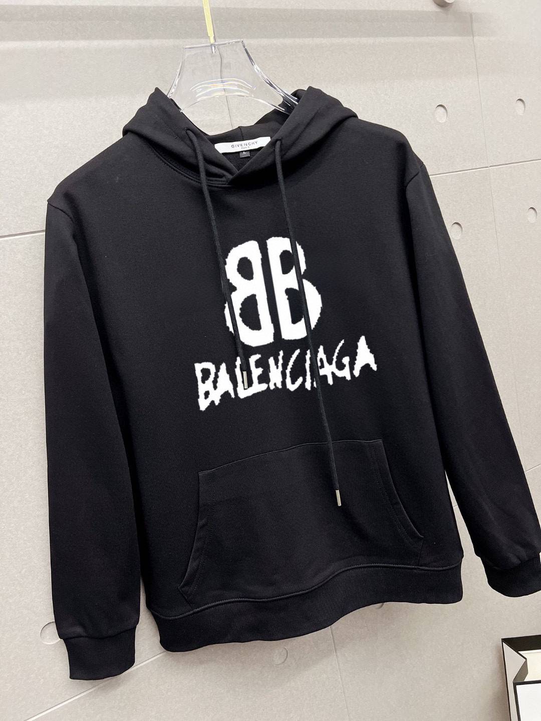 BALENCIAGA バレンシアガ メンズ パーカー プルオーバー フロントロゴ フードの立ち上がり オーバーサイズ ブラック ホワイト - 画像 5