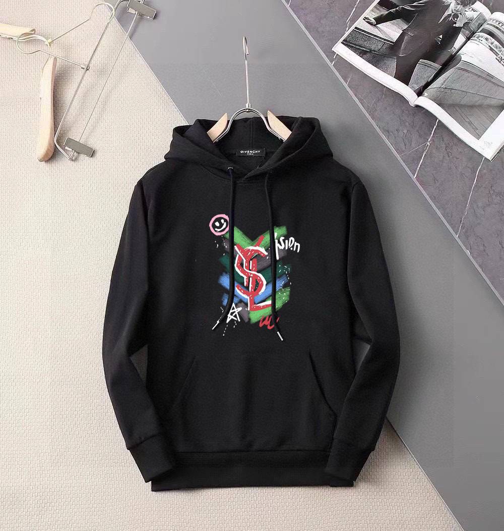 YSL ユニセックス パーカー プルオーバー フード ロゴプリント オーバーサイズ ストリート ブラック