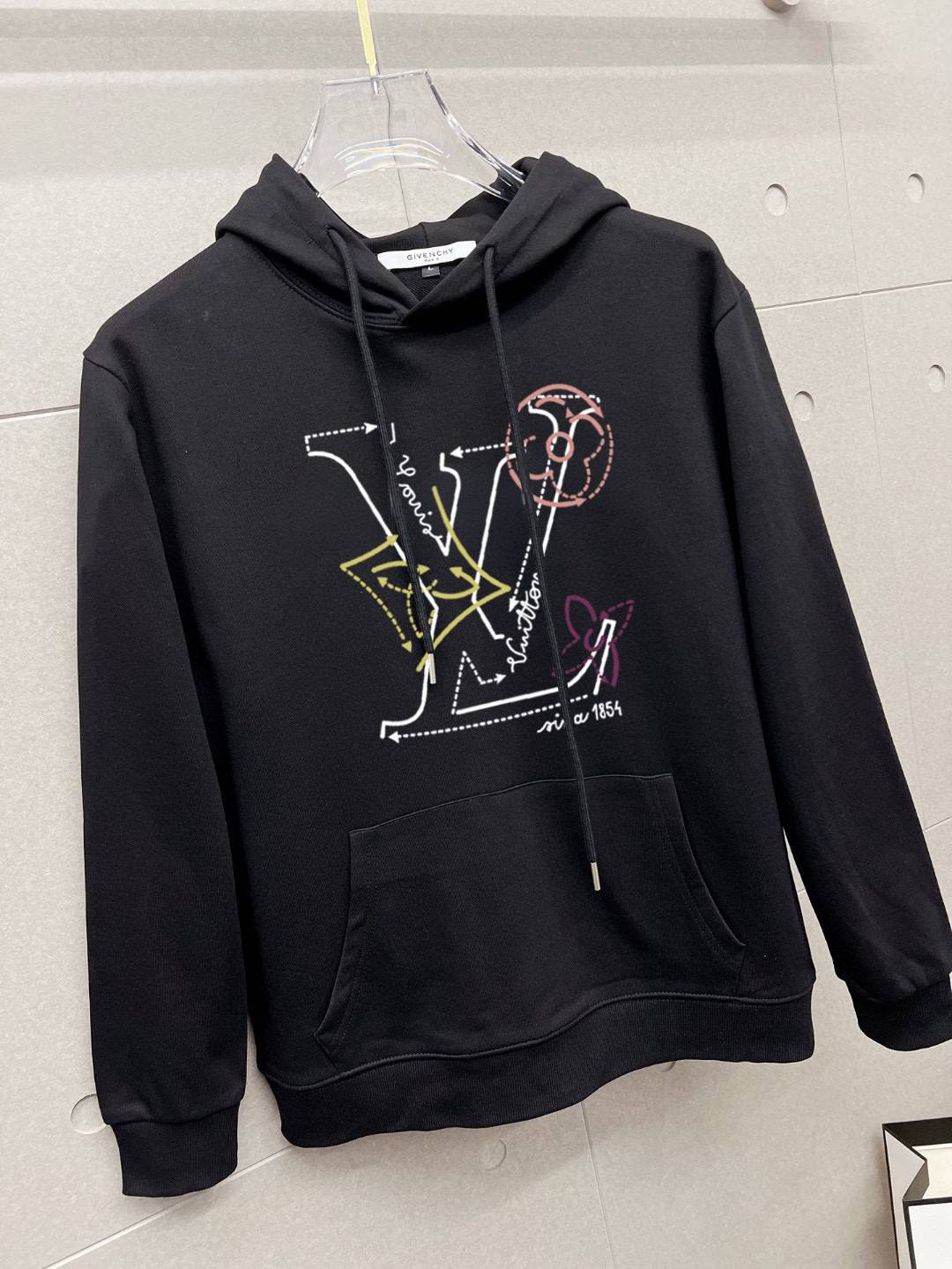 LV ロゴ刺繍 パーカー メンズ プルオーバーパーカー フロントロゴ フードの立ち上がり 立体フード オーバーサイズ ブラック - 画像 5