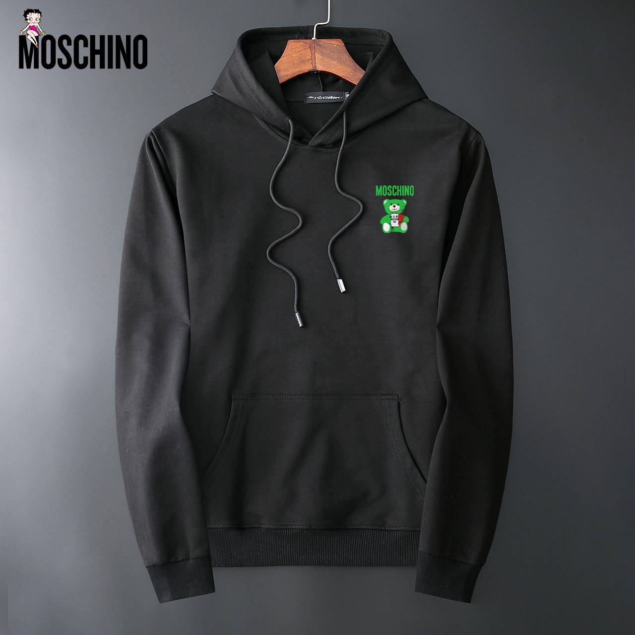 MOSCHINO モスキノ メンズ パーカー プルオーバー フード付き ロゴプリント シャンブレーファブリック フロントロゴ ブラック