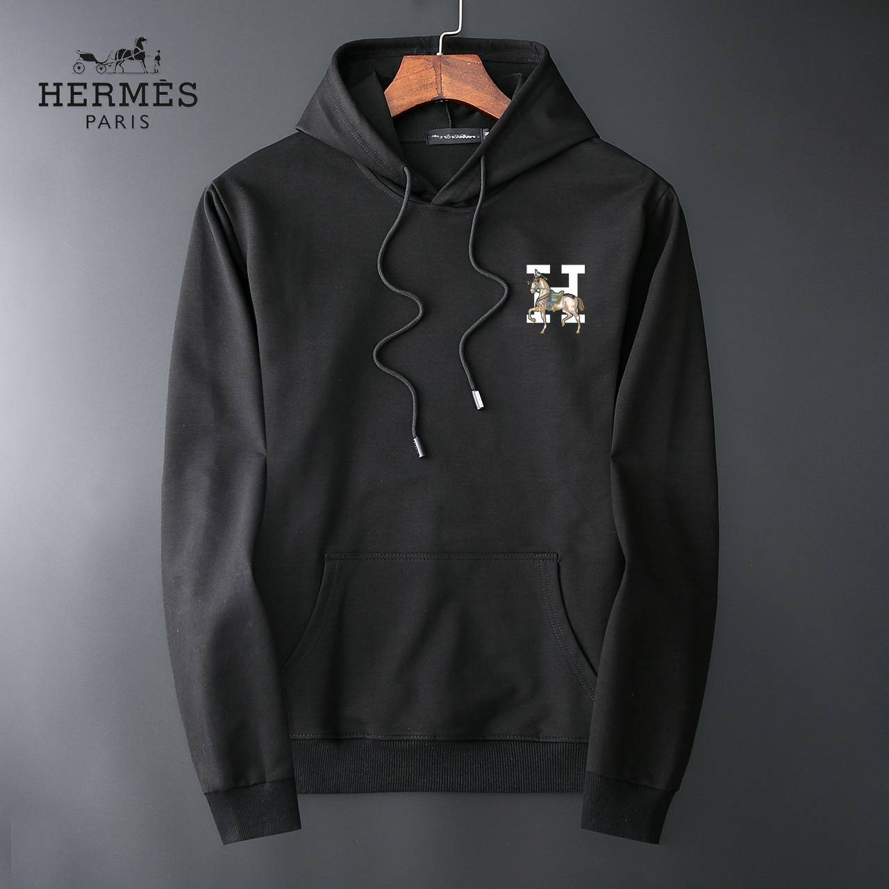 HERMES パーカー メンズ プルオーバーパーカー フロントロゴプリント 立体フード ヘビーウェイト ブラック