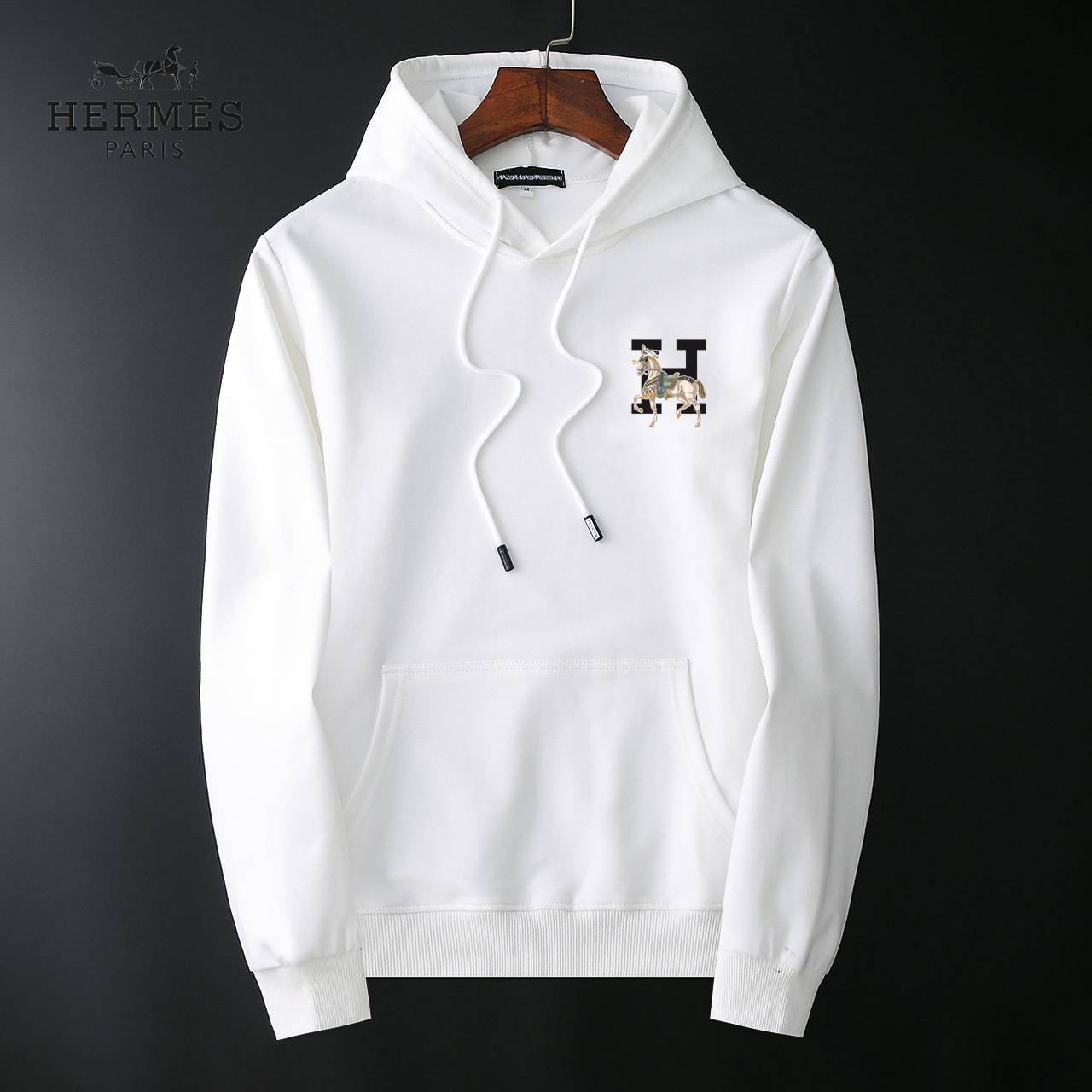 HERMES パーカー メンズ プルオーバーパーカー フロントロゴプリント 立体フード ヘビーウェイト ブラック - 画像 11