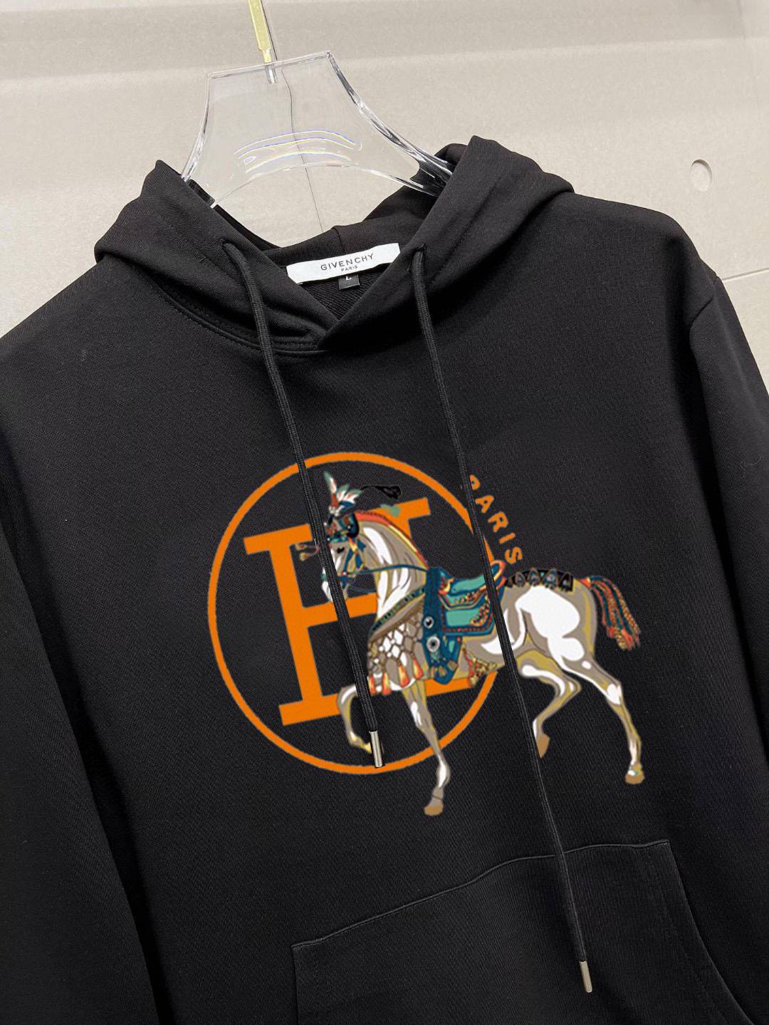 HERMES ヘルメス メンズ パーカー プルオーバー フード ロゴプリント オーバーサイズ ストリート ブラック - 画像 4