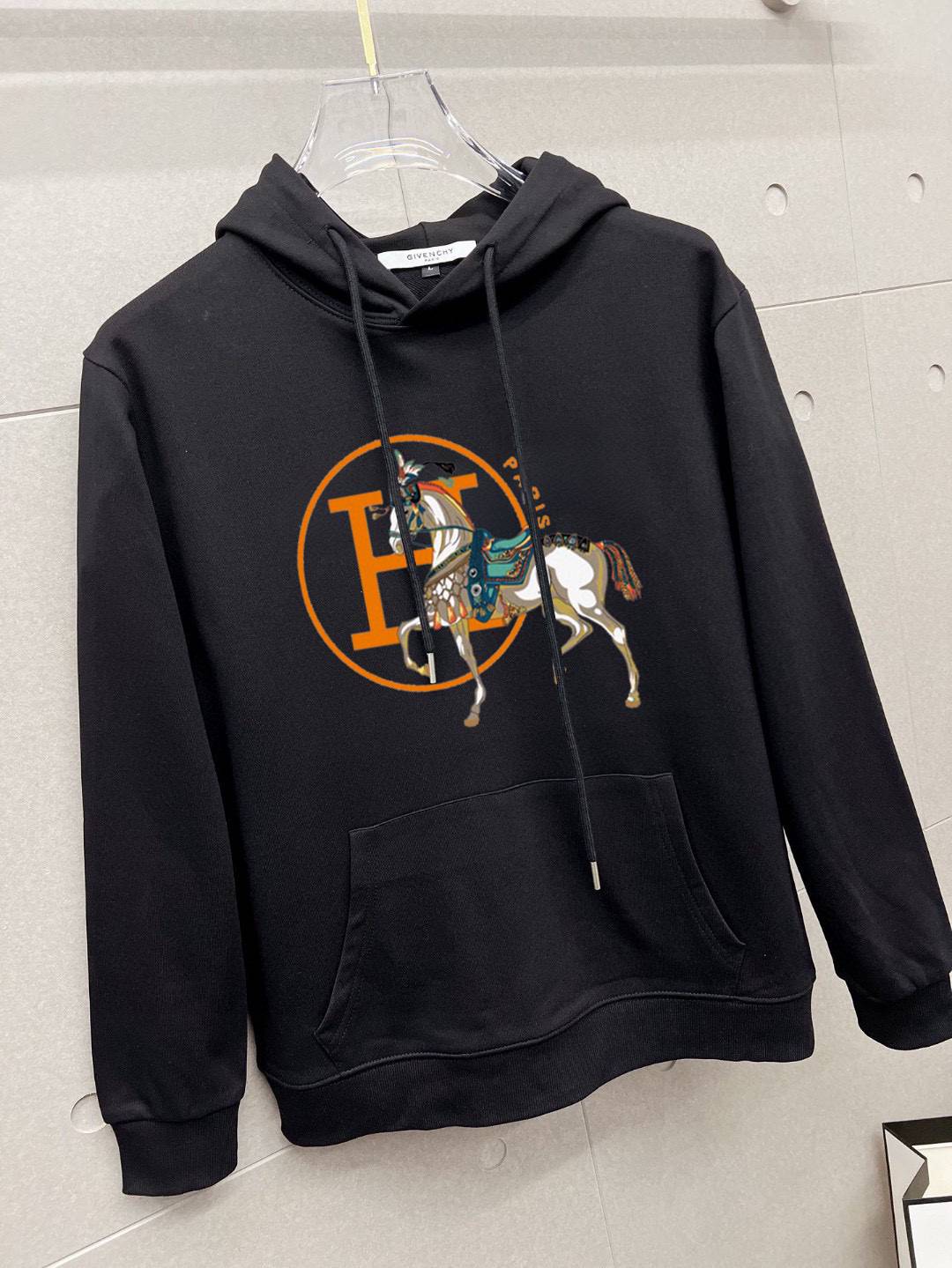 HERMES ヘルメス メンズ パーカー プルオーバー フード ロゴプリント オーバーサイズ ストリート ブラック - 画像 5