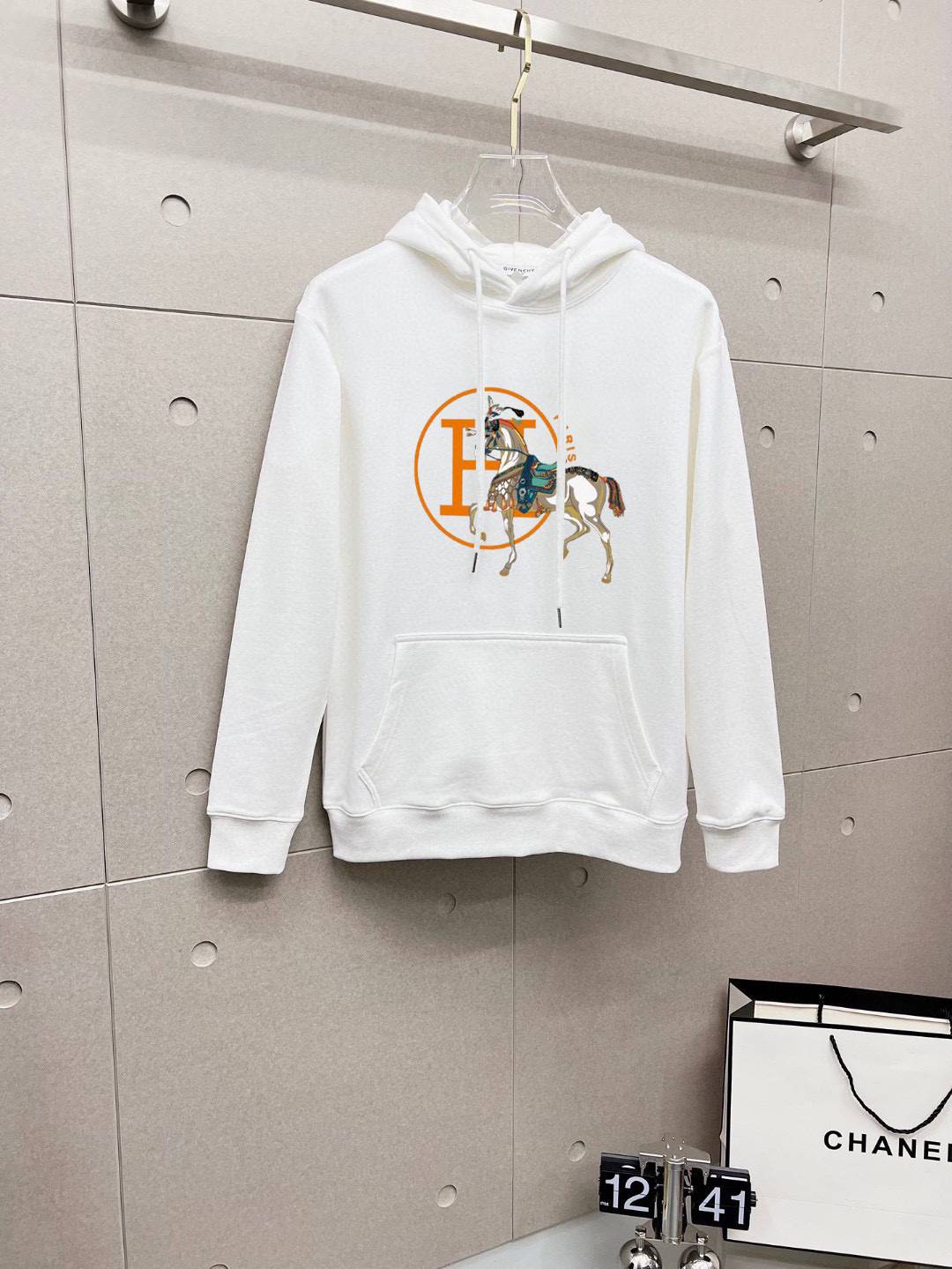 HERMES ヘルメス メンズ パーカー プルオーバー フード ロゴプリント オーバーサイズ ストリート ブラック - 画像 9