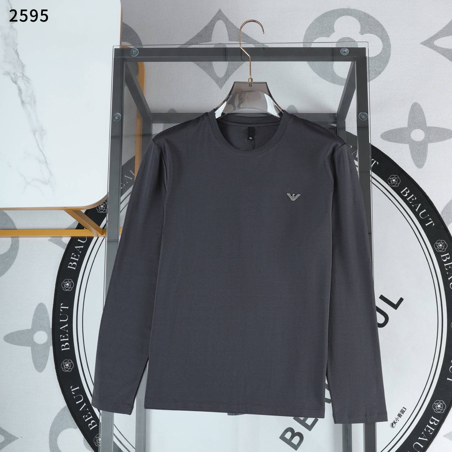 ARMANI エルメス メンズ ロンT 長袖Tシャツ クルーネック 袖リブ ロゴ刺繍 上質コットン ブラック