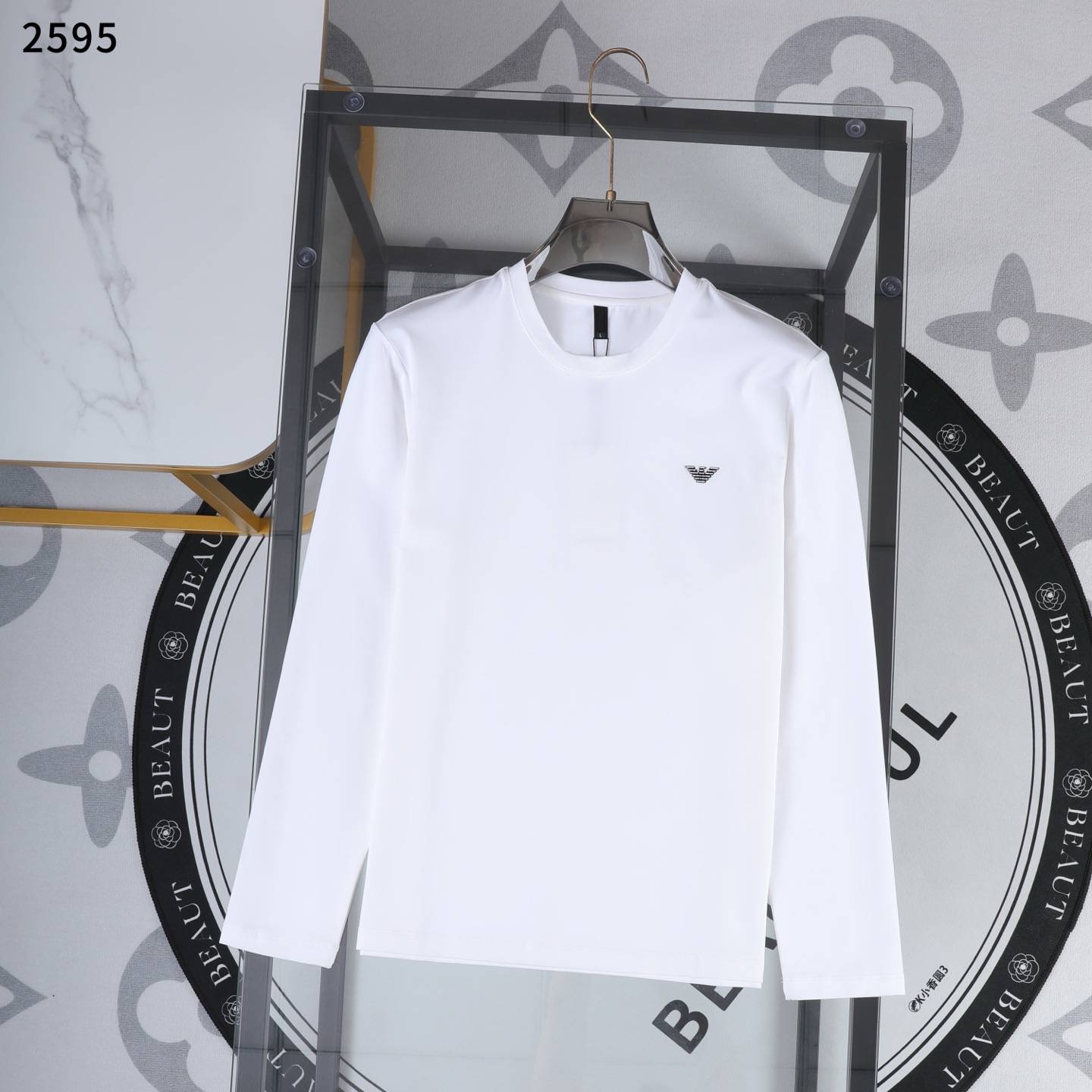 ARMANI エルメス メンズ ロンT 長袖Tシャツ クルーネック 袖リブ ロゴ刺繍 上質コットン ブラック - 画像 5