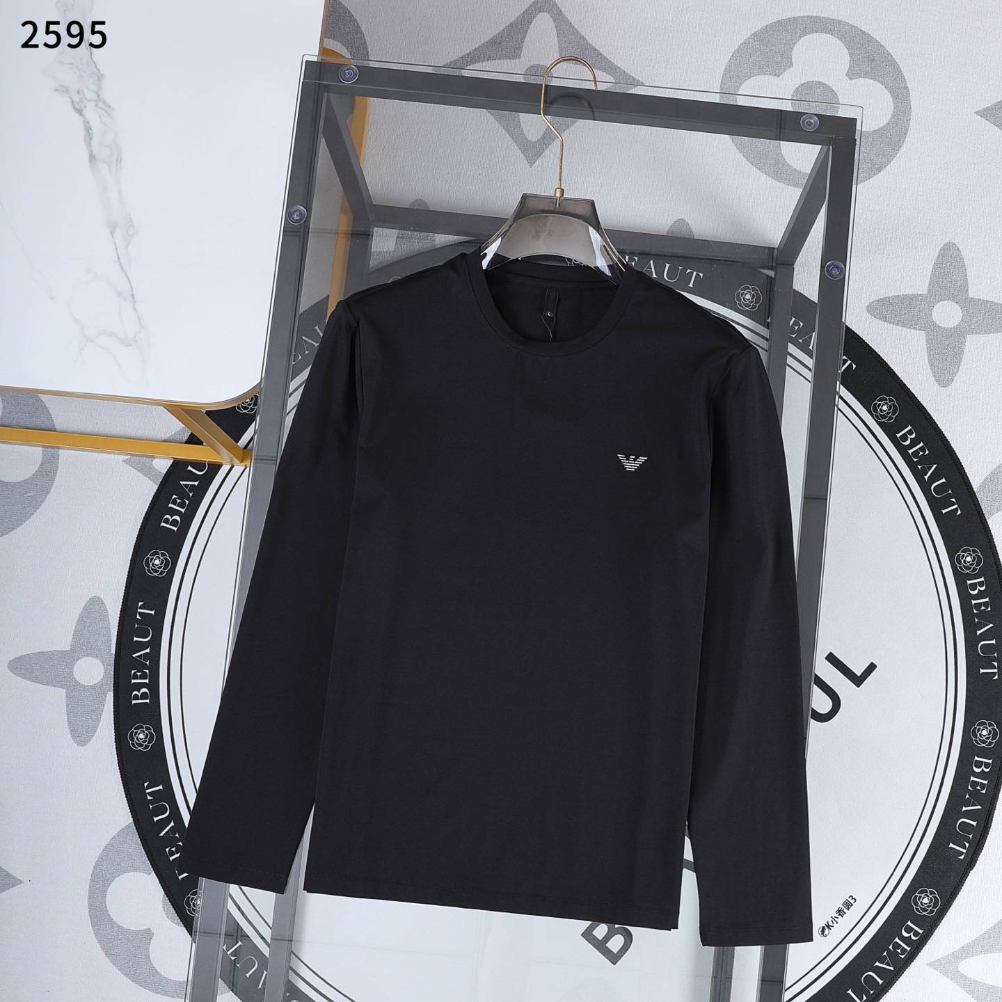 ARMANI エルメス メンズ ロンT 長袖Tシャツ クルーネック 袖リブ ロゴ刺繍 上質コットン ブラック - 画像 6