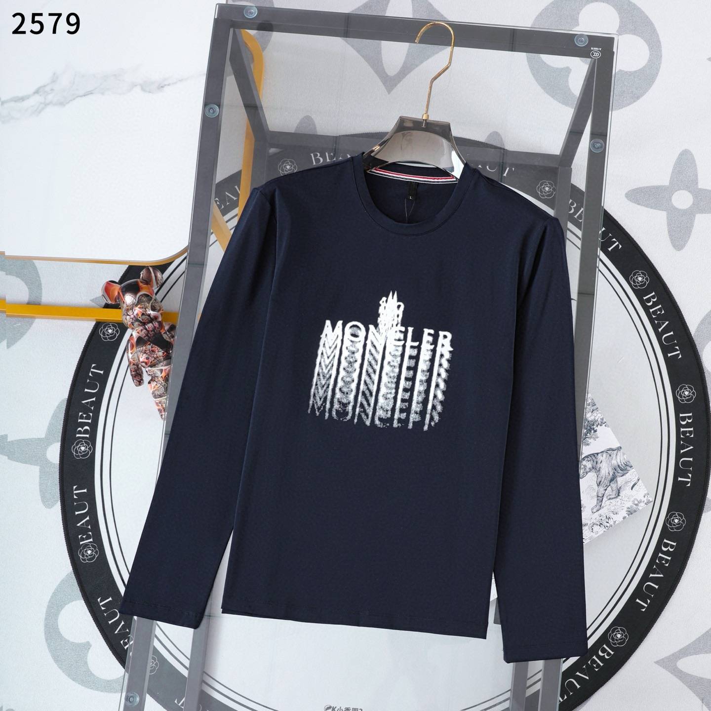 MONCLER モンクレール メンズ ロンT 長袖Tシャツ クルーネック 袖リブ ロゴプリント オーバーサイズ ブラック