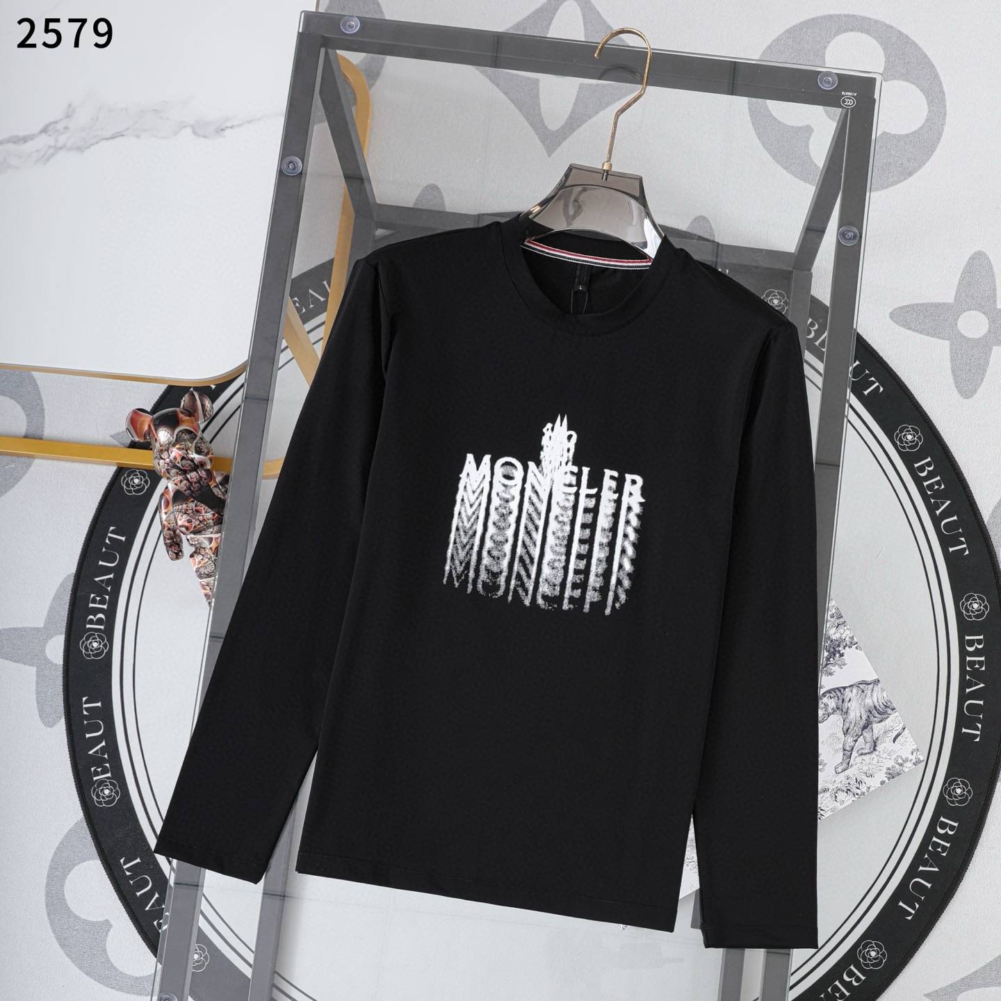 MONCLER モンクレール メンズ ロンT 長袖Tシャツ クルーネック 袖リブ ロゴプリント オーバーサイズ ブラック - 画像 5