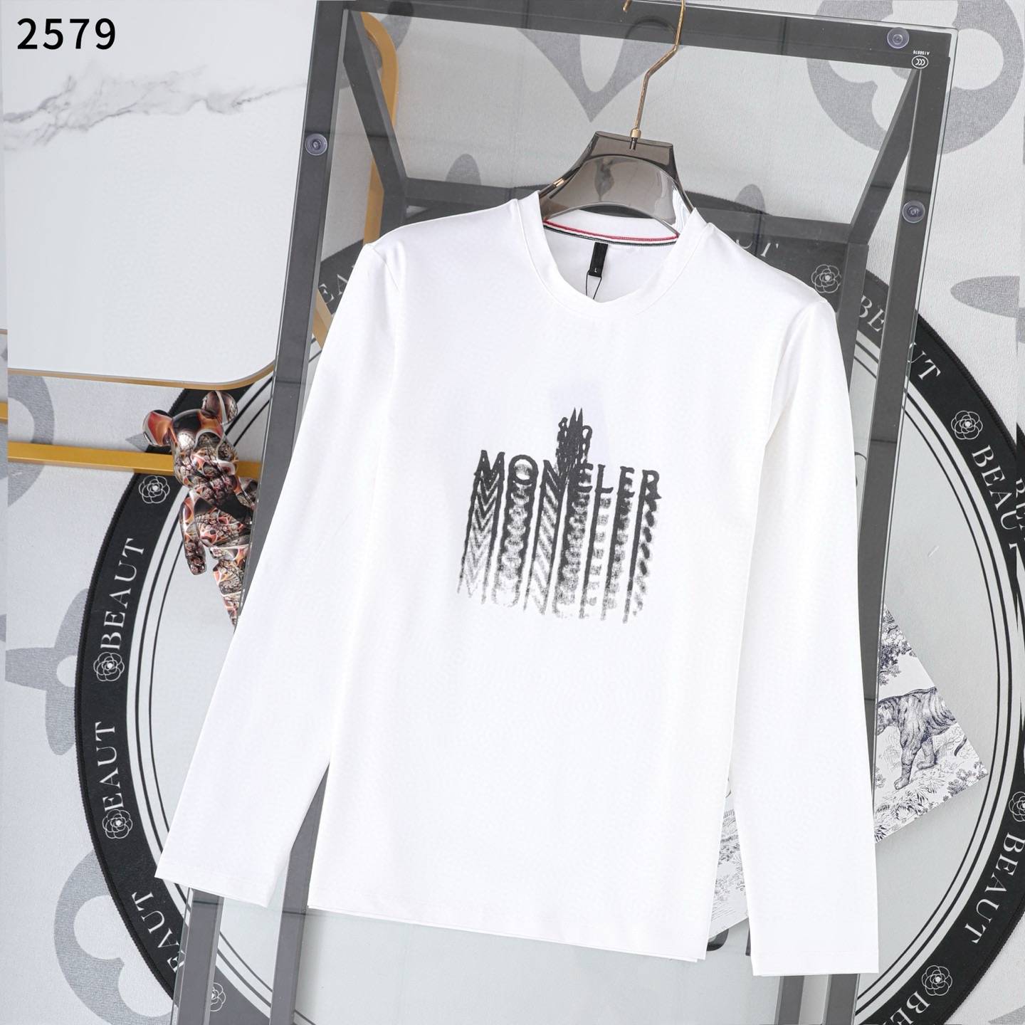 MONCLER モンクレール メンズ ロンT 長袖Tシャツ クルーネック 袖リブ ロゴプリント オーバーサイズ ブラック - 画像 6