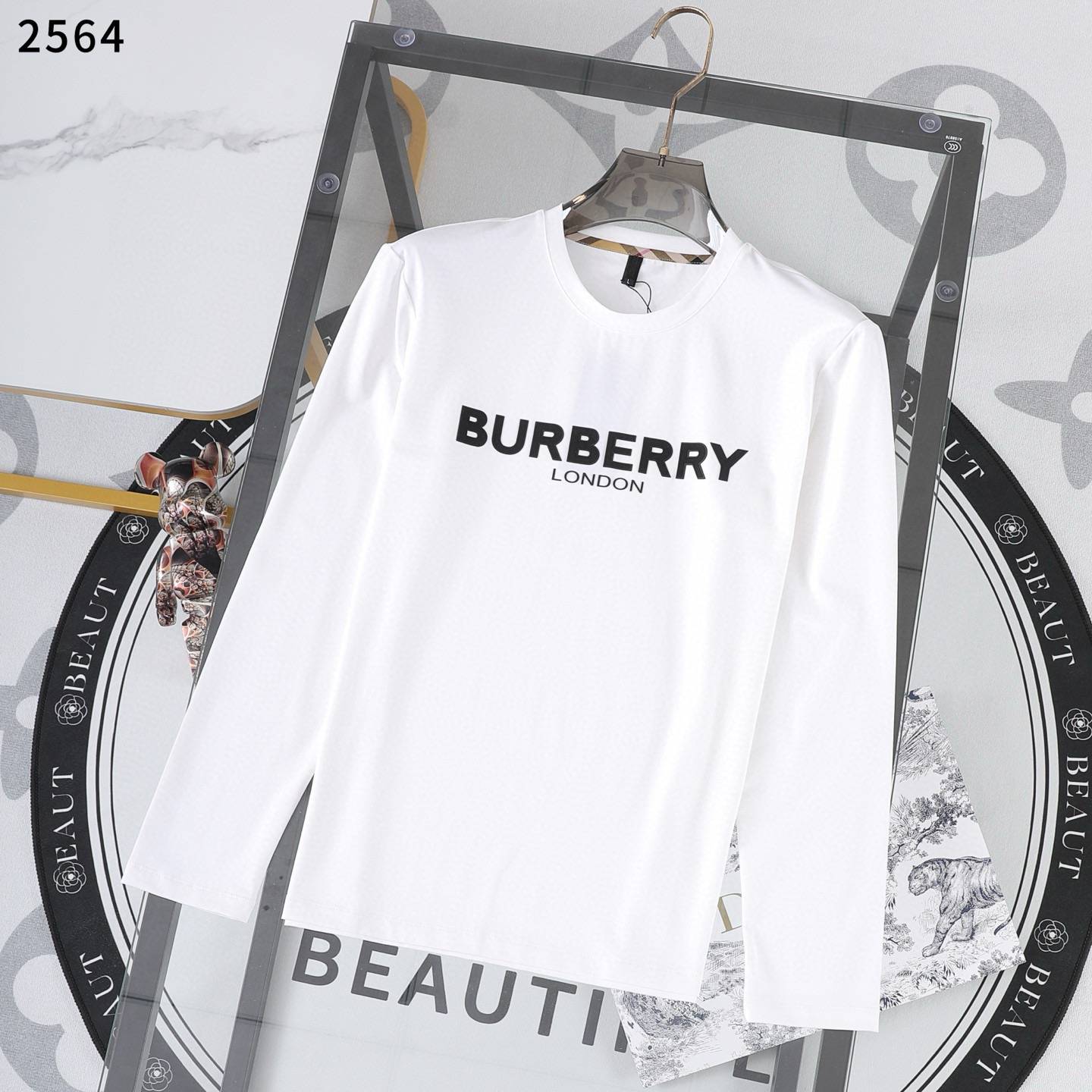 BURBERRY メンズ ロンT 長袖Tシャツ クルーネック 袖リブ ロゴプリント オーバーサイズ ブラック ホワイト チャコール