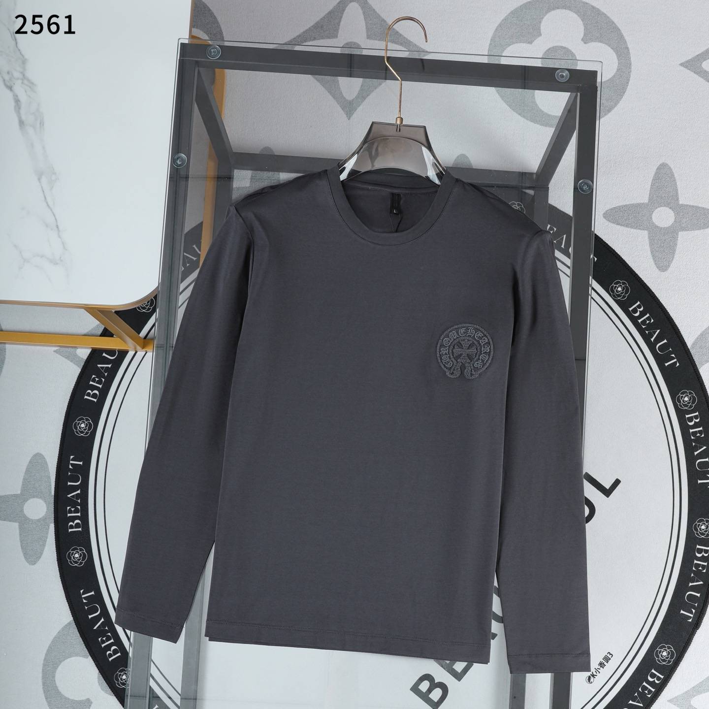 CHROME HEARTS クロムハーツ メンズ ロンT 長袖Tシャツ クルーネック 袖リブ ロゴ刺繍 オーバーサイズ ブラック - 画像 1