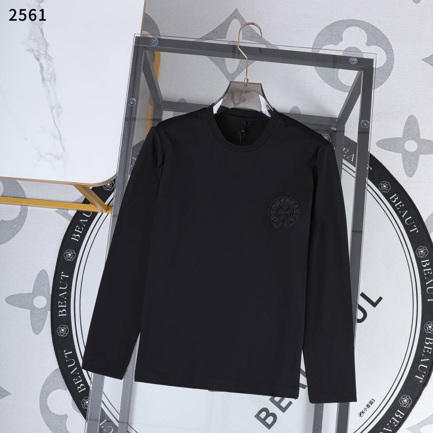 CHROME HEARTS クロムハーツ メンズ ロンT 長袖Tシャツ クルーネック 袖リブ ロゴ刺繍 オーバーサイズ ブラック - 画像 5