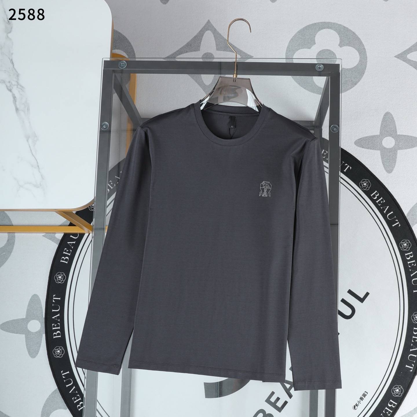 LV ロンT メンズ 長袖Tシャツ クルーネック 袖リブ ロゴプリント オーバーサイズ ブラック
