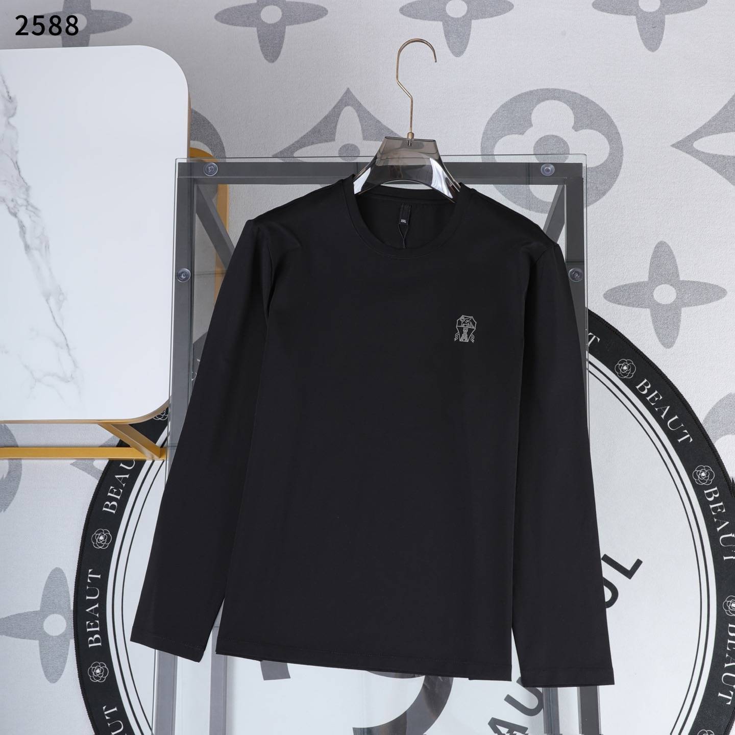 LV ロンT メンズ 長袖Tシャツ クルーネック 袖リブ ロゴプリント オーバーサイズ ブラック - 画像 6