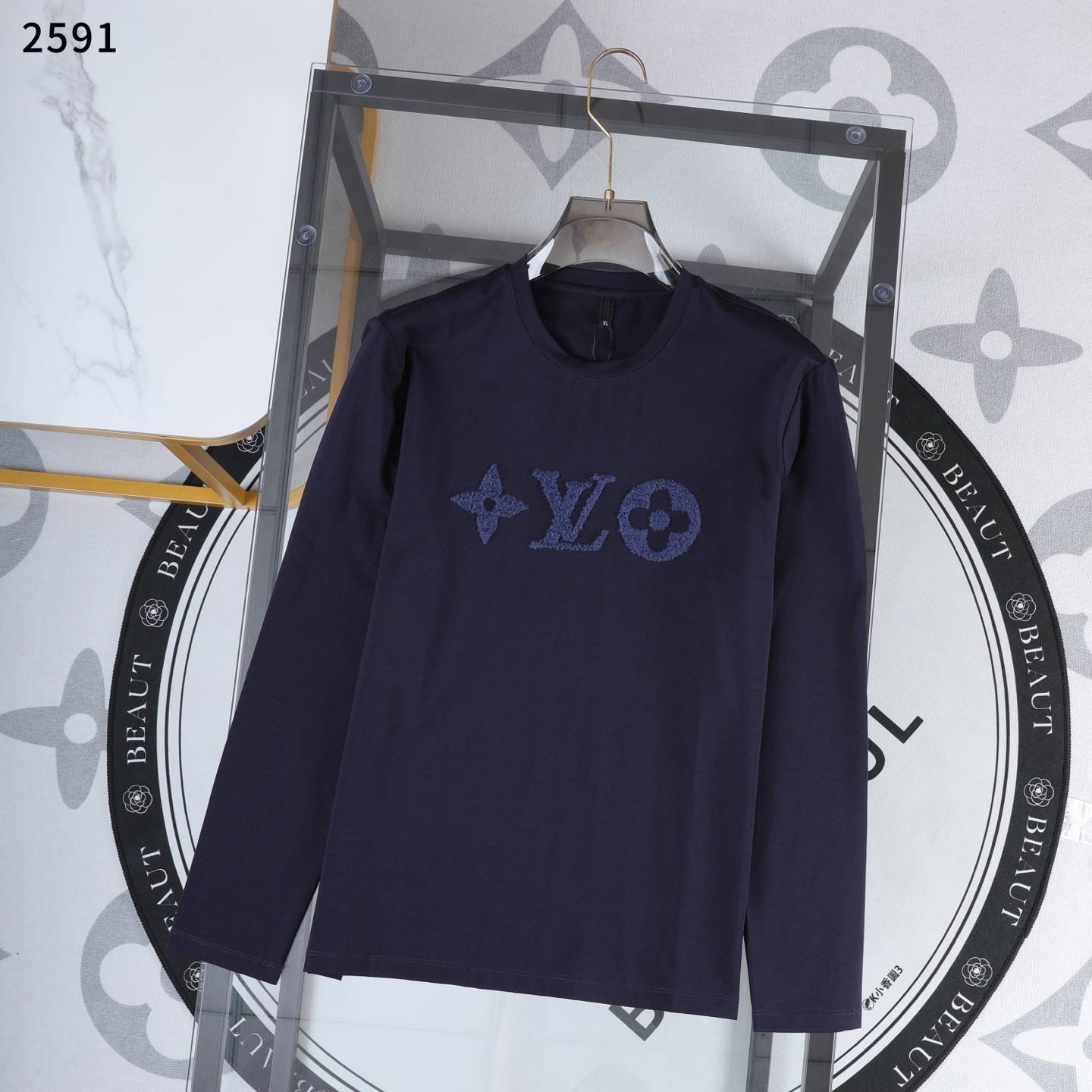 LV メンズ ロンT 長袖Tシャツ クルーネック 袖リブ ロゴプリント オーバーサイズ ブラック ホワイト