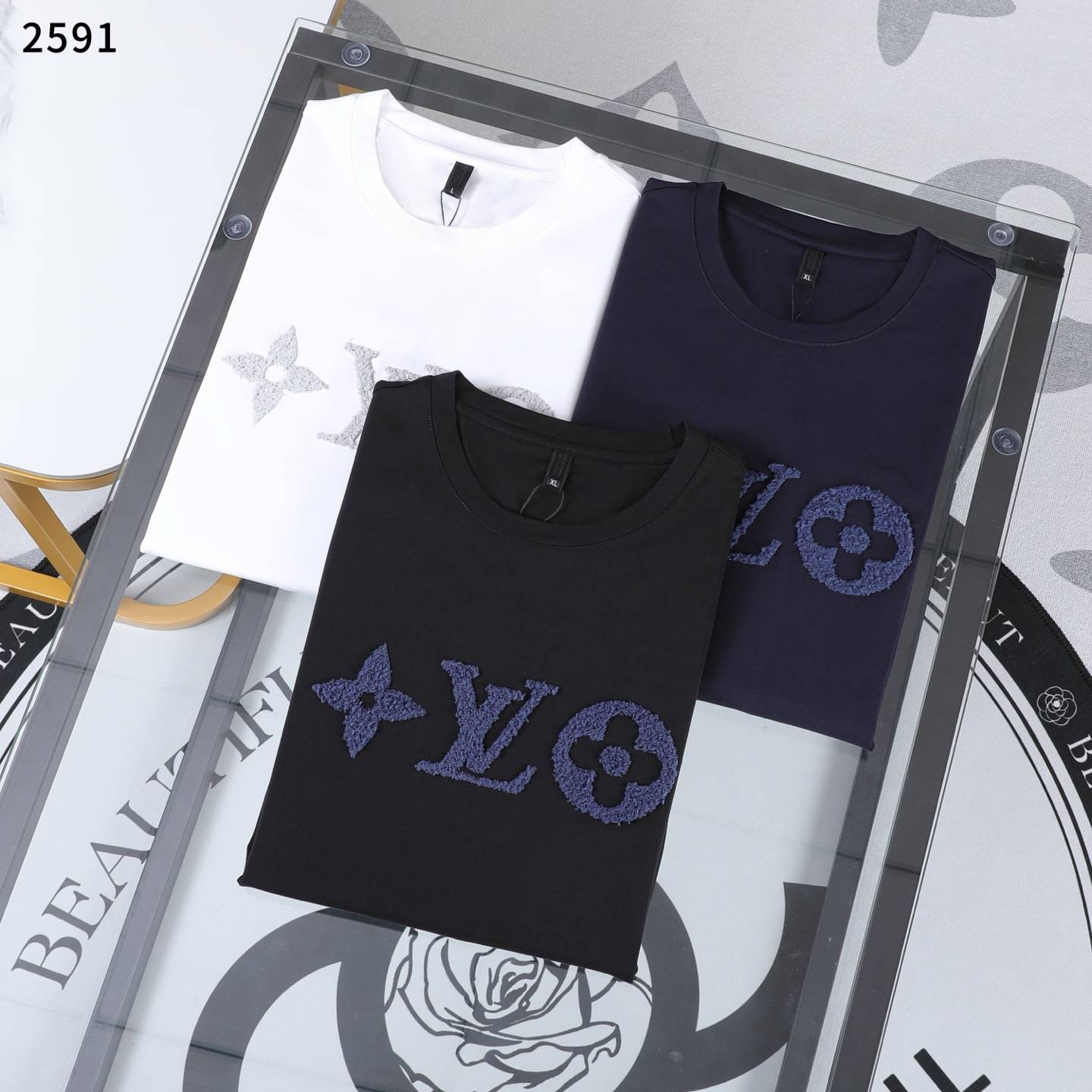 LV メンズ ロンT 長袖Tシャツ クルーネック 袖リブ ロゴプリント オーバーサイズ ブラック ホワイト - 画像 2