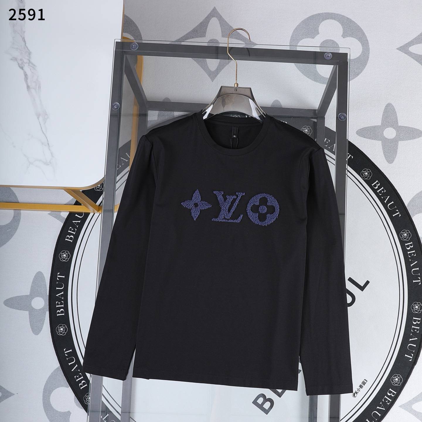 LV メンズ ロンT 長袖Tシャツ クルーネック 袖リブ ロゴプリント オーバーサイズ ブラック ホワイト - 画像 5