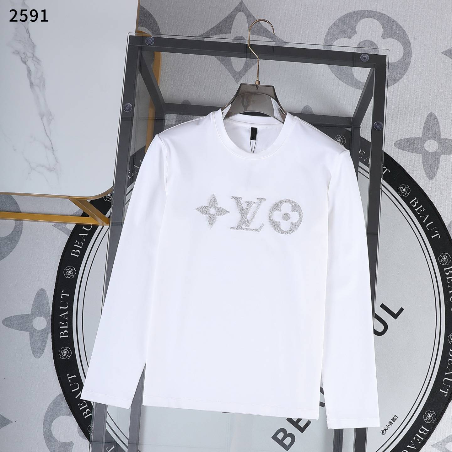 LV メンズ ロンT 長袖Tシャツ クルーネック 袖リブ ロゴプリント オーバーサイズ ブラック ホワイト - 画像 6