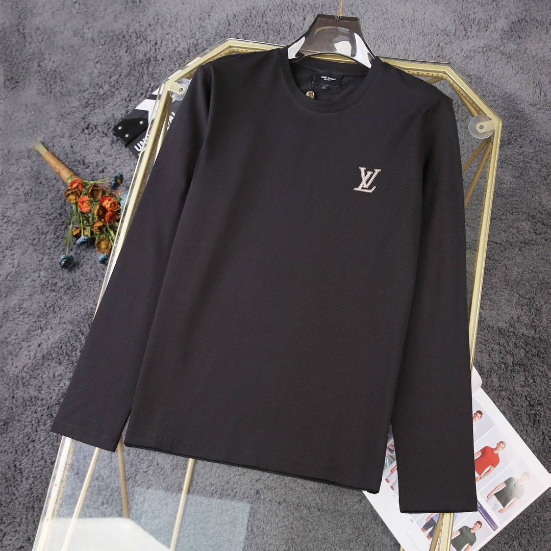 LV メンズ ロンT 長袖Tシャツ クルーネック 袖リブ ロゴ刺繍 オーバーサイズ メンズ ブラック ホワイト