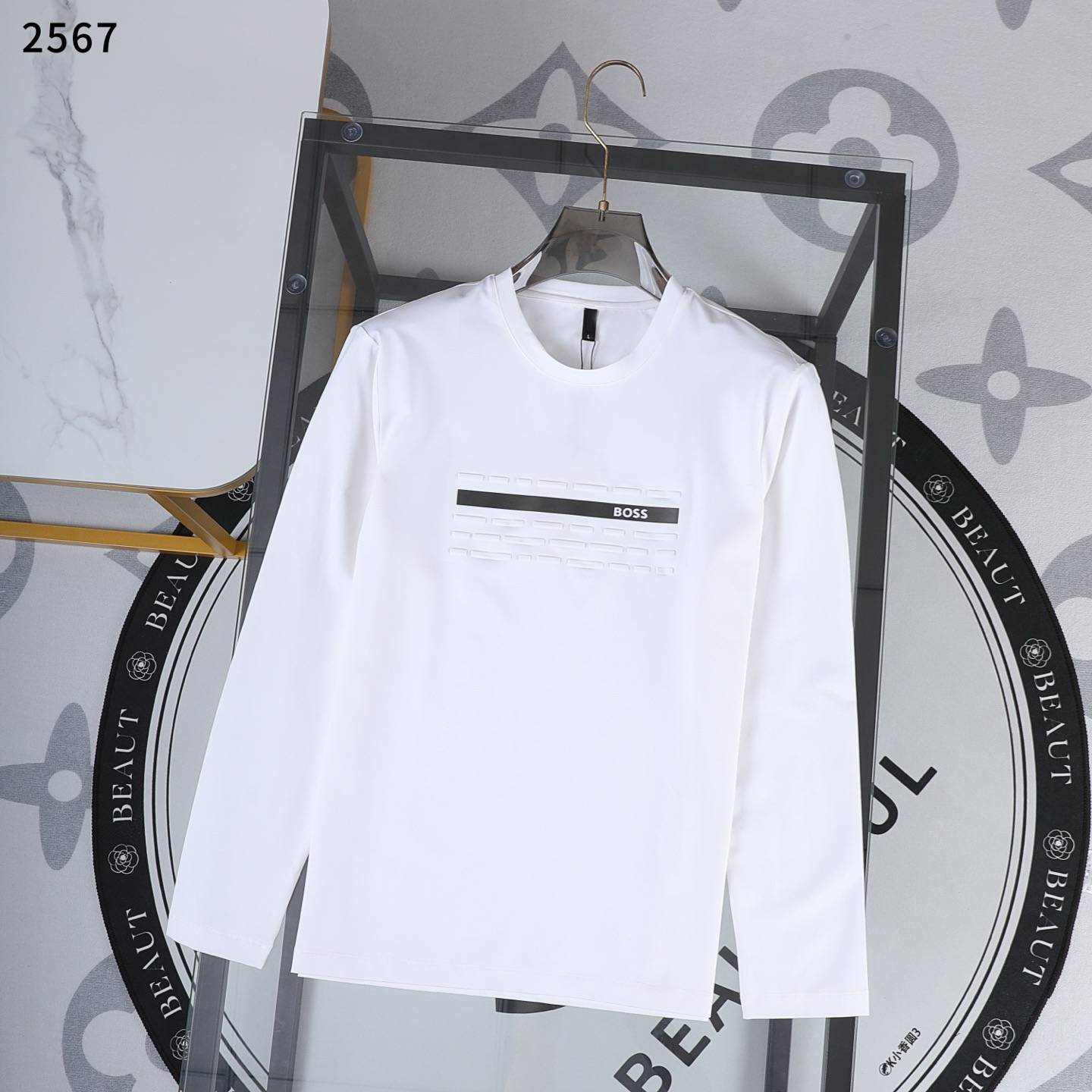 BOSS メンズ ロンT 長袖Tシャツ クルーネック 袖リブ ロゴプリント オーバーサイズ グレー ブラック
