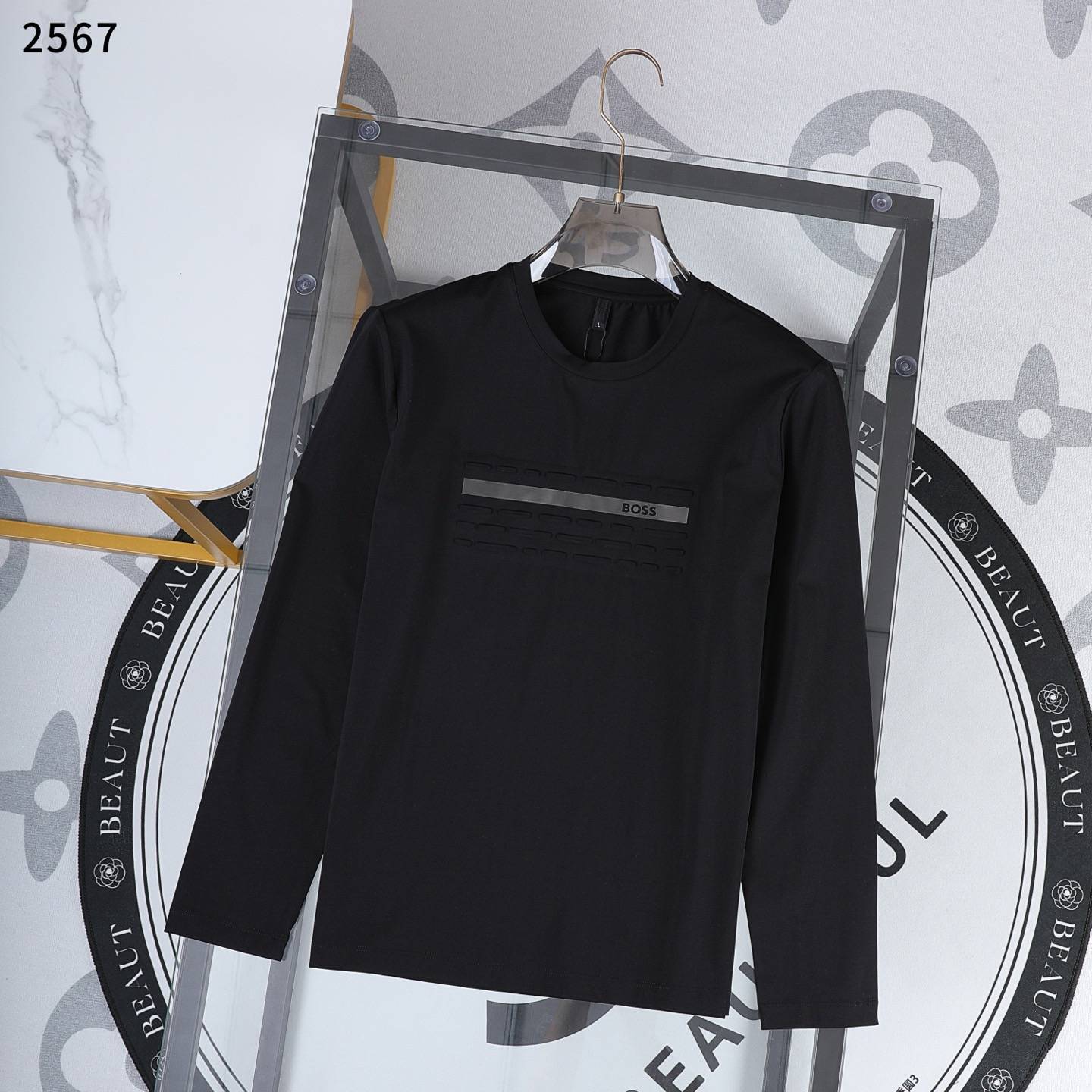 BOSS メンズ ロンT 長袖Tシャツ クルーネック 袖リブ ロゴプリント オーバーサイズ グレー ブラック - 画像 6