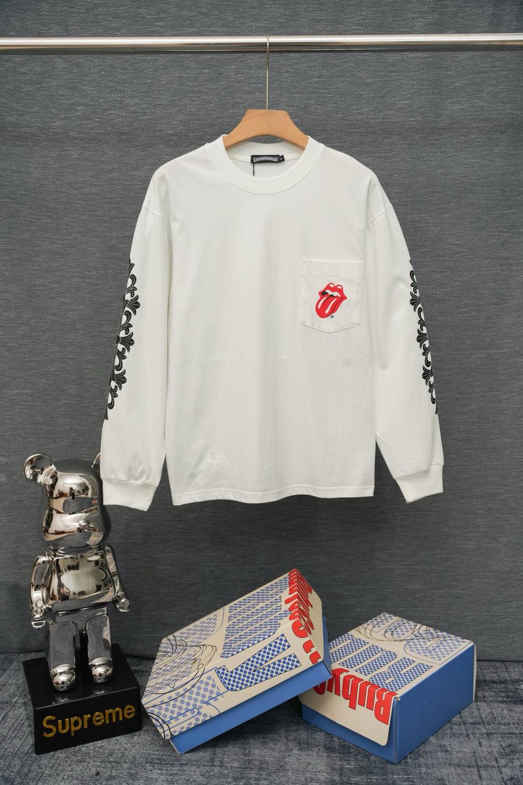 CHROME HEARTS クロムハーツ メンズ ロンT 長袖Tシャツ クルーネック 袖リブ ロゴプリント オーバーサイズ ブラック