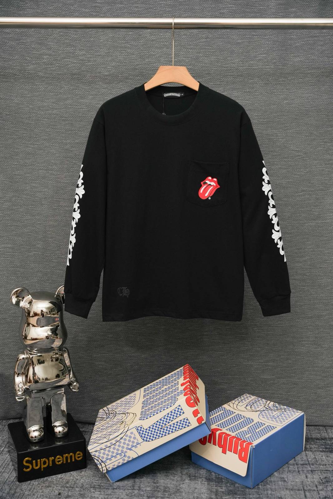 CHROME HEARTS クロムハーツ メンズ ロンT 長袖Tシャツ クルーネック 袖リブ ロゴプリント オーバーサイズ ブラック - 画像 12