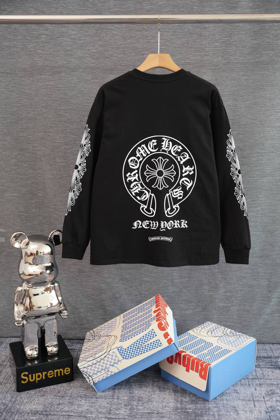 CHROME HEARTS クロムハーツ メンズ ロンT 長袖Tシャツ クルーネック 袖リブ ロゴプリント オーバーサイズ ブラック