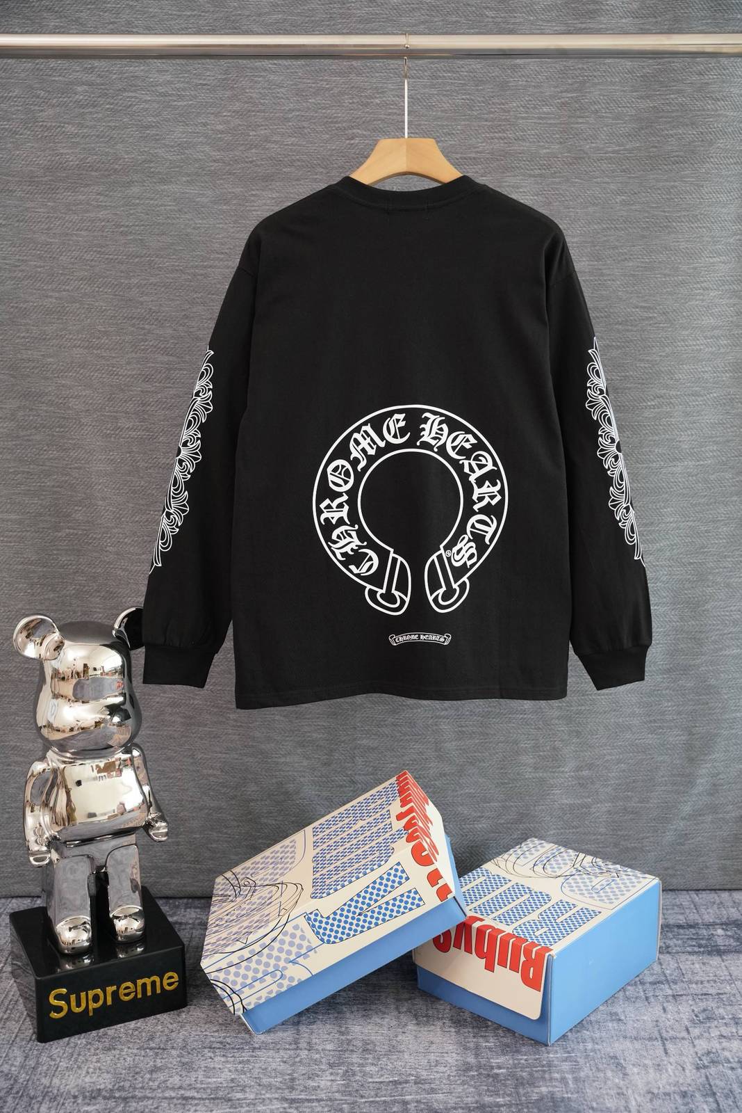 CHROME HEARTS クロムハーツ メンズ 長袖Tシャツ ロンT クルーネック 袖リブ ロゴプリント オーバーサイズ ブラック