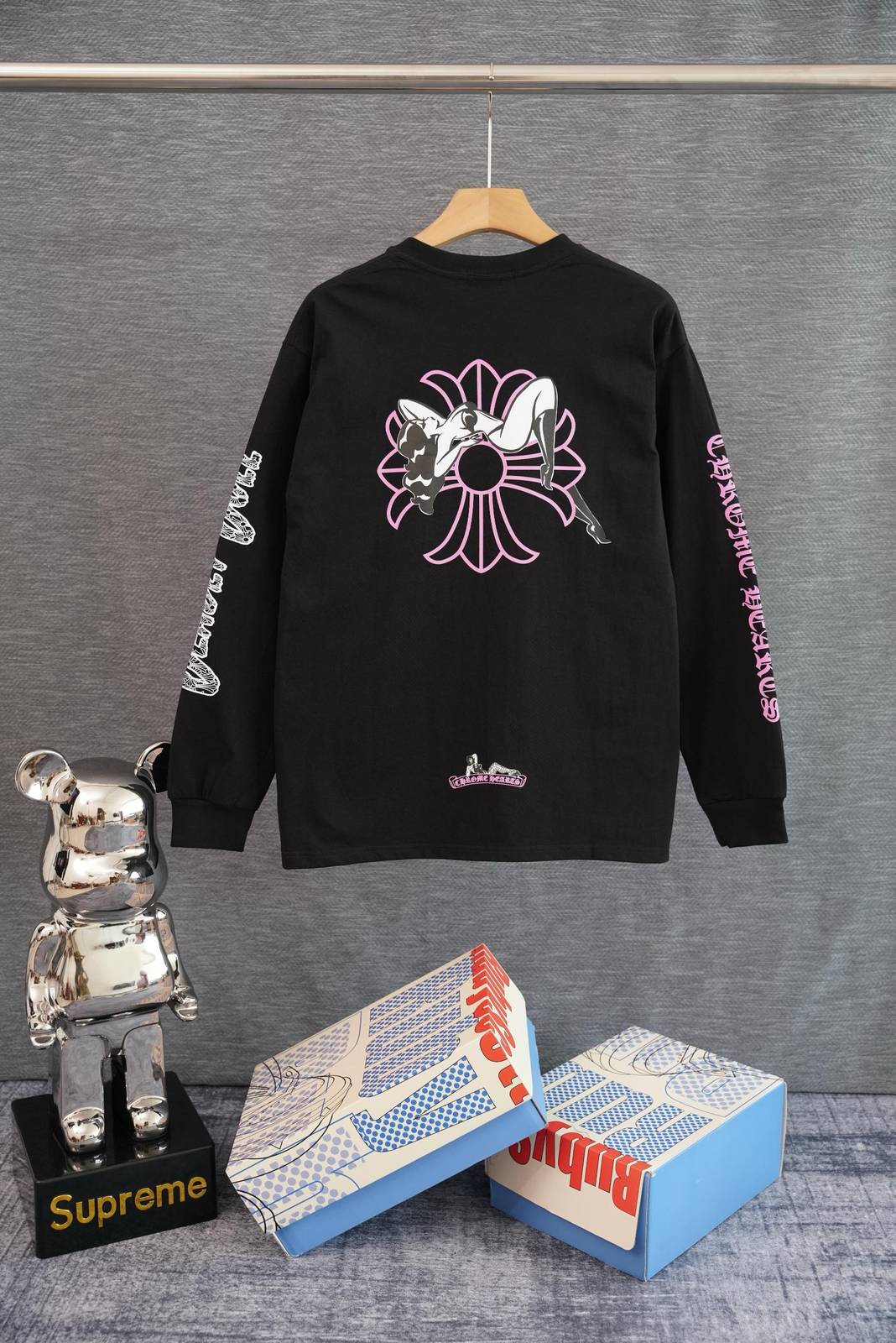 CHROME HEARTS クロムハーツ メンズ ロンT 長袖Tシャツ クルーネック 袖リブ アームプリント オーバーサイズ ブラック