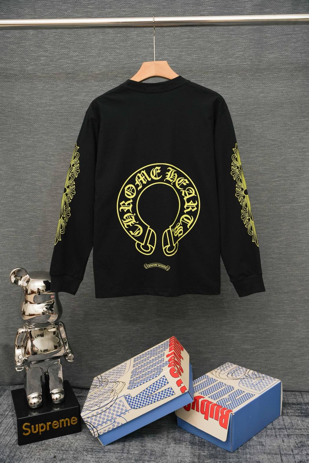 CHROME HEARTS クロムハーツ メンズ ロンT 長袖Tシャツ クルーネック 袖リブ アームプリント オーバーサイズ ブラック