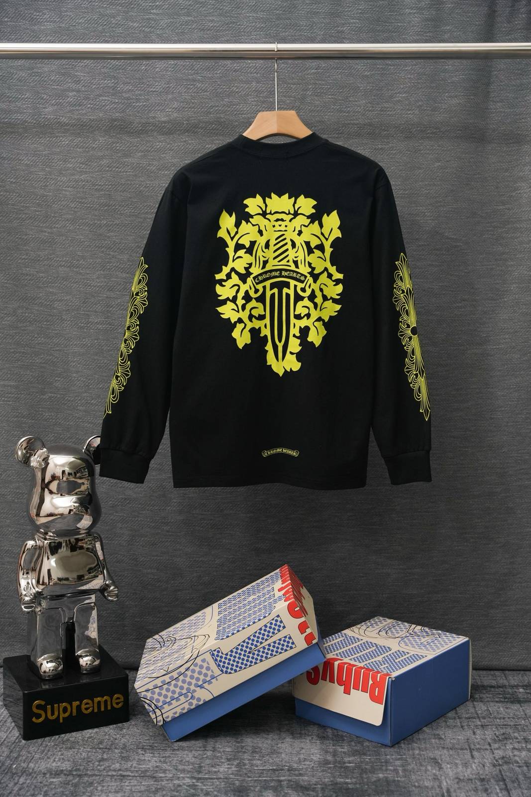CHROME HEARTS クロムハーツ メンズ ロンT 長袖Tシャツ クルーネック 袖リブ ロゴプリント オーバーサイズ 黒