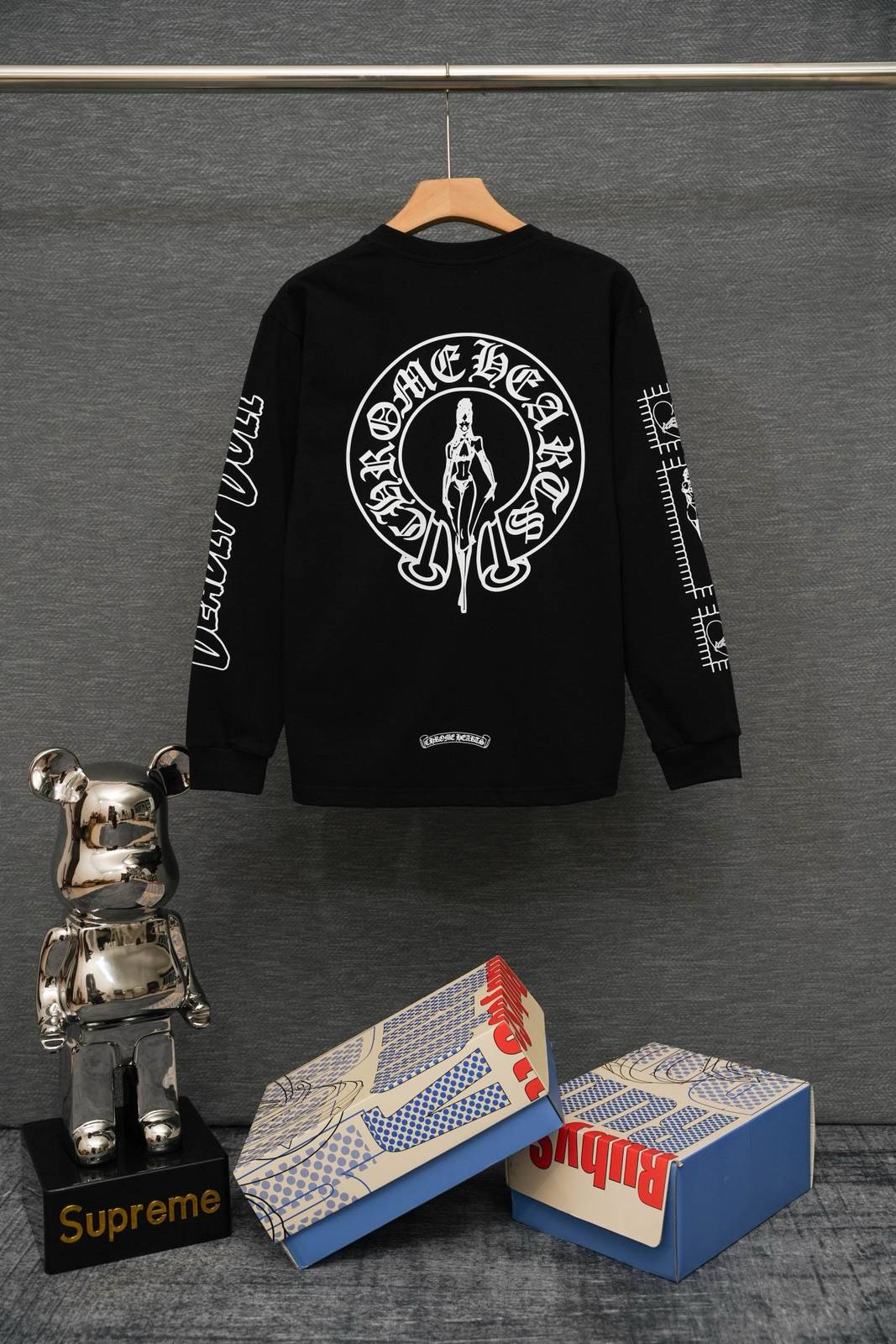 CHROME HEARTS クロムハーツ メンズ ロンT 長袖Tシャツ クルーネック 袖リブ ロゴプリント オーバーサイズ ブラック