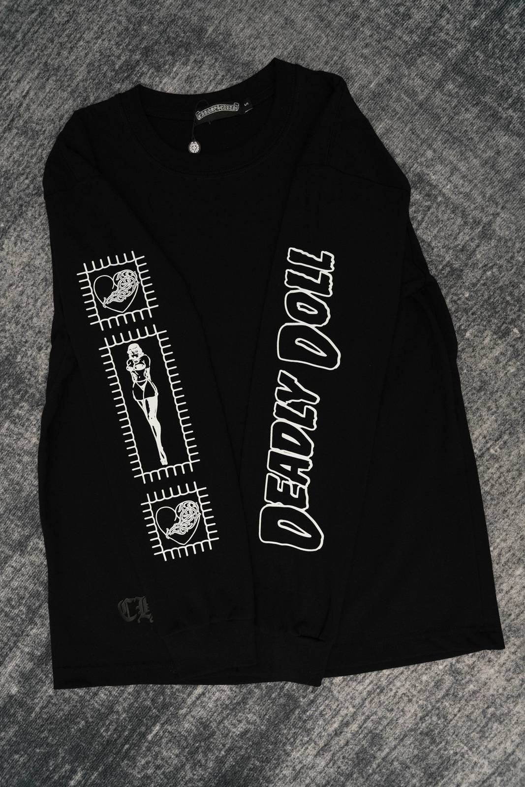 CHROME HEARTS クロムハーツ メンズ ロンT 長袖Tシャツ クルーネック 袖リブ ロゴプリント オーバーサイズ ブラック - 画像 7