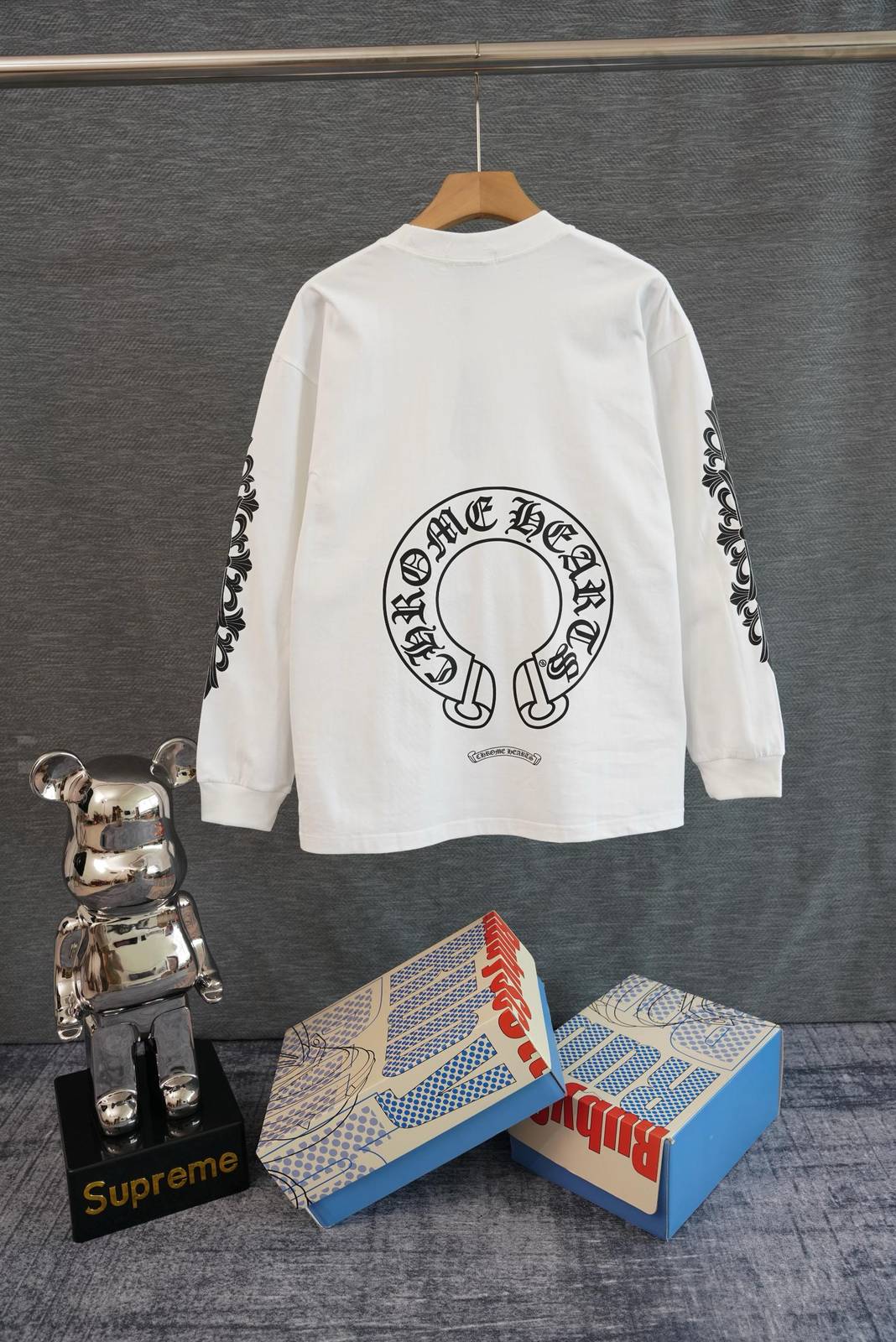 CHROME HEARTS クロムハーツ メンズ ロンT 長袖Tシャツ クルーネック 袖リブ ロゴプリント オーバーサイズ ブラック