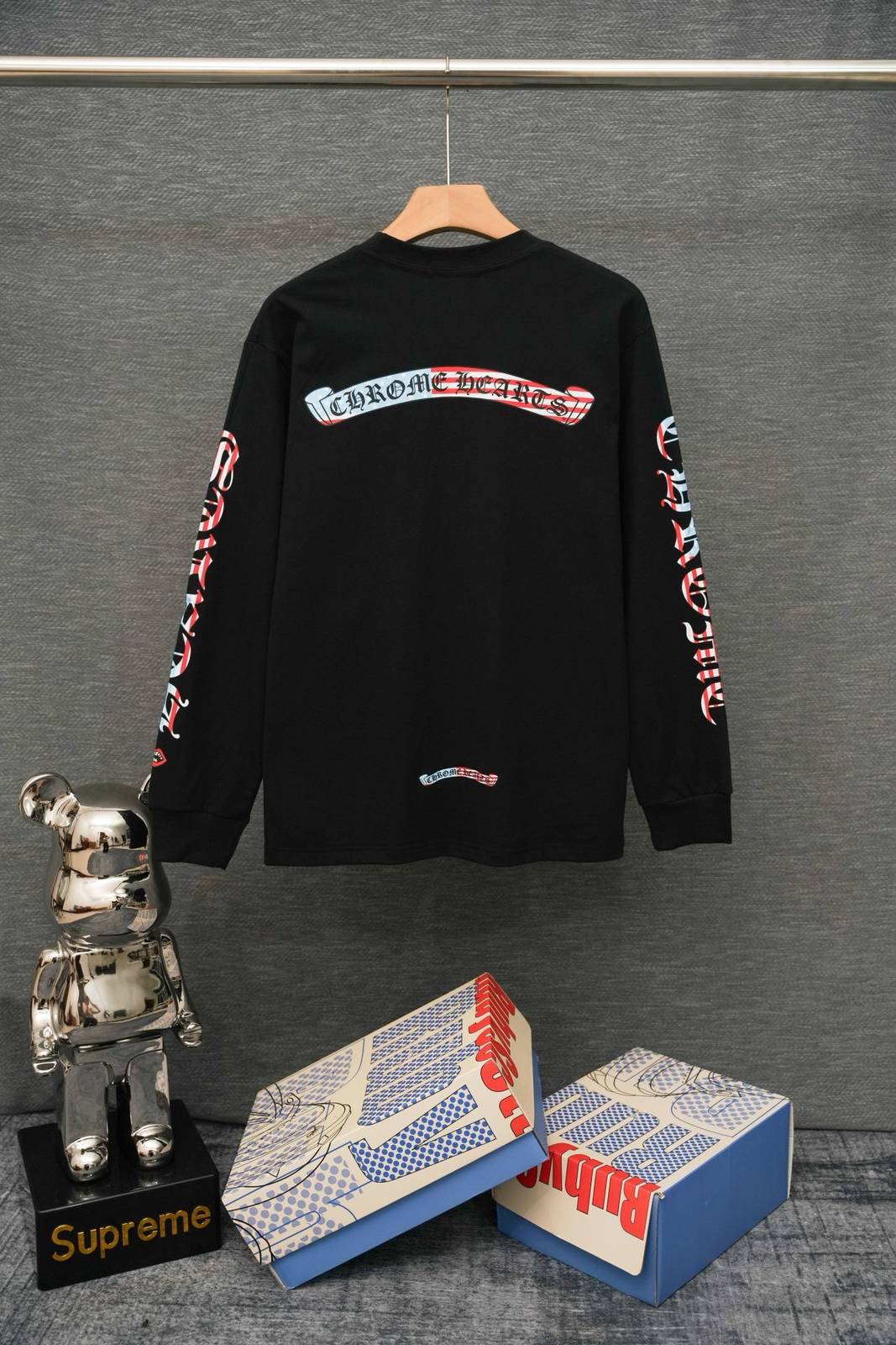 CHROME HEARTS クロムハーツ メンズ 長袖Tシャツ ロンT クルーネック 袖リブ アームプリント オーバーサイズ ブラック