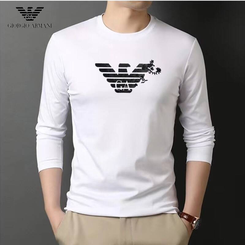 ARMANI ジョージアロ メンズ ロンT 長袖Tシャツ クルーネック 袖リブ ロゴプリント オーバーサイズ ホワイト
