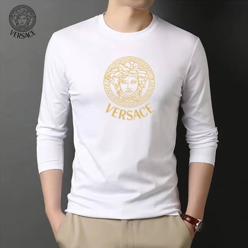 VERSACE ヴェルサーチ メンズ 長袖Tシャツ ロンT クルーネック 袖リブ ロゴプリント オーバーサイズ ブラック ホワイト