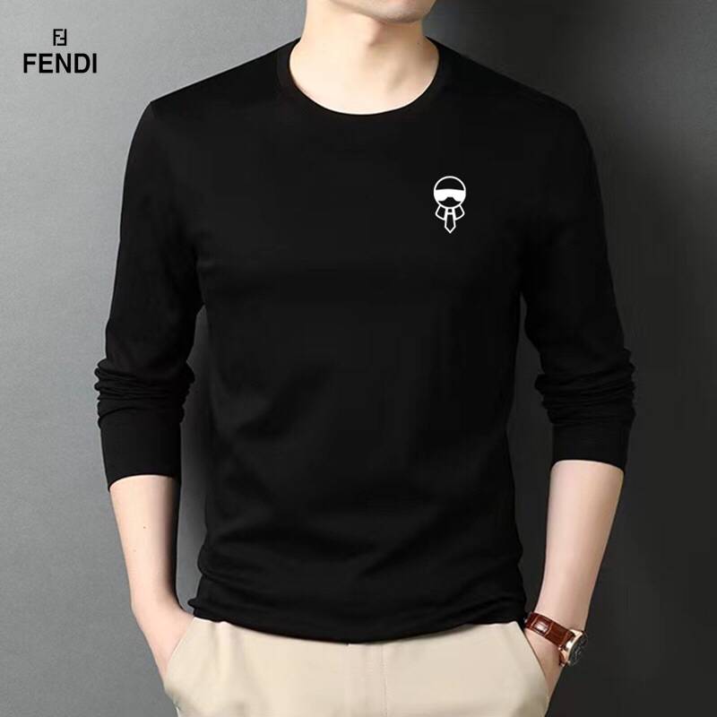 FENDI メンズ ロンT 長袖Tシャツ クルーネック 袖リブ ロゴ刺繍 オーバーサイズ ブラック